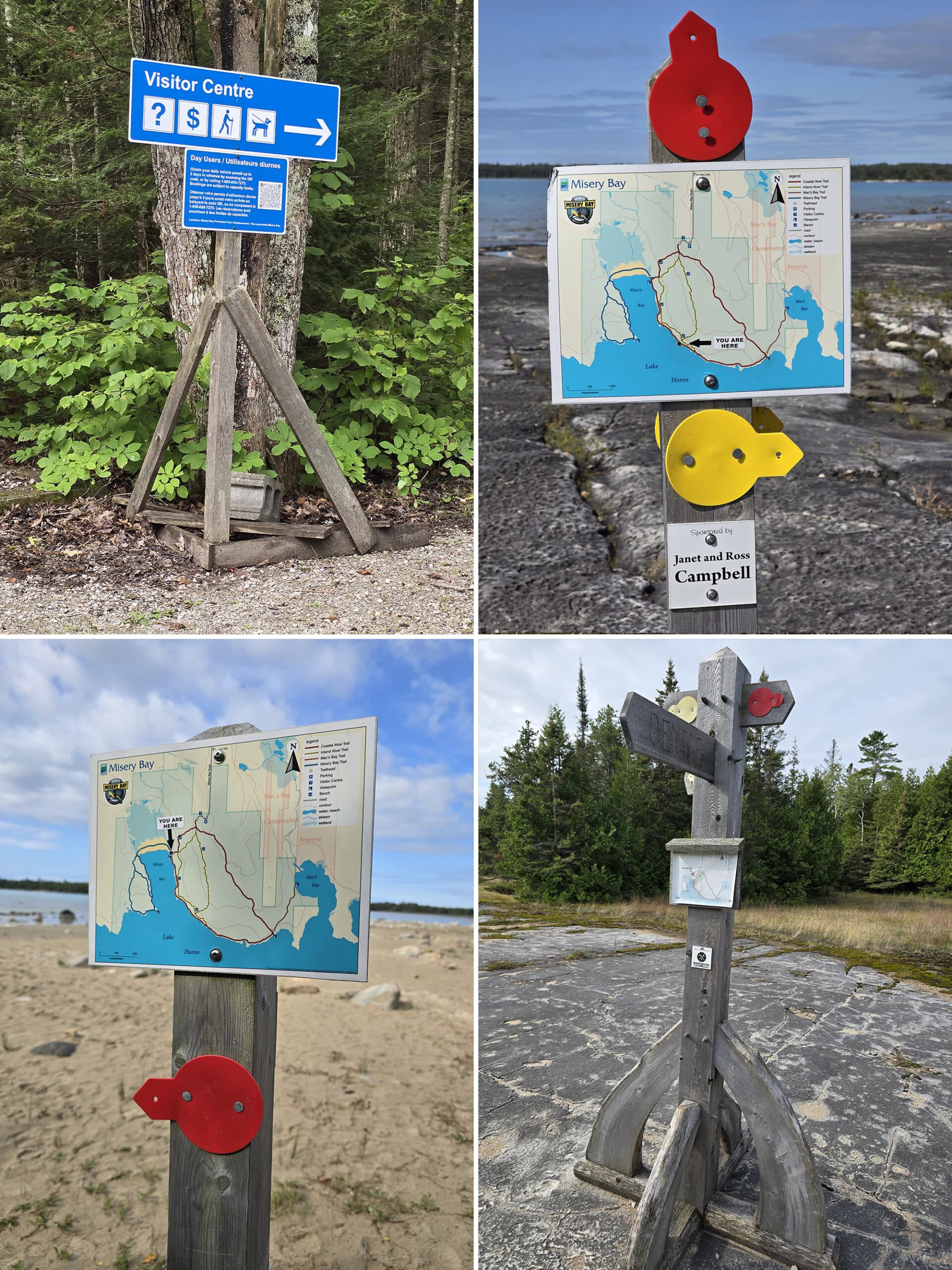 4 part image showing various trial signs at Misery Bay Provincial Park.