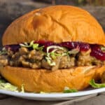 A Thanksgiving Turkey Sloppy Joes Sandwich with ground turkey, veggies, gravy, cranberry sauce, and shredded Brussels Sprouts.