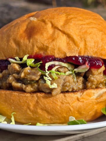 A Thanksgiving Turkey Sloppy Joes Sandwich with ground turkey, veggies, gravy, cranberry sauce, and shredded Brussels Sprouts.