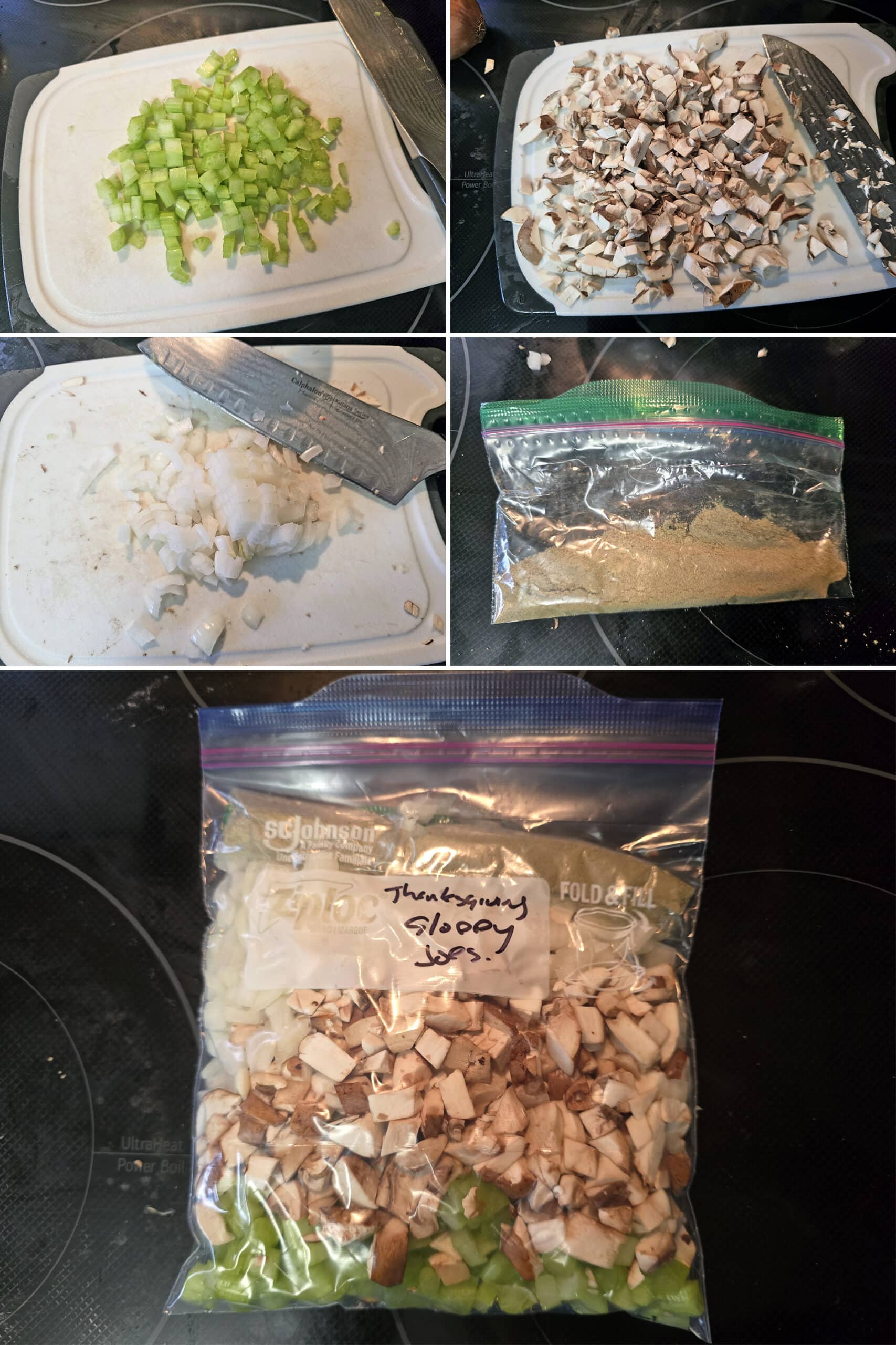 5 part image showing celery, mushrooms, and onion being chopped and put in a baggie with a small bag of seasonings.