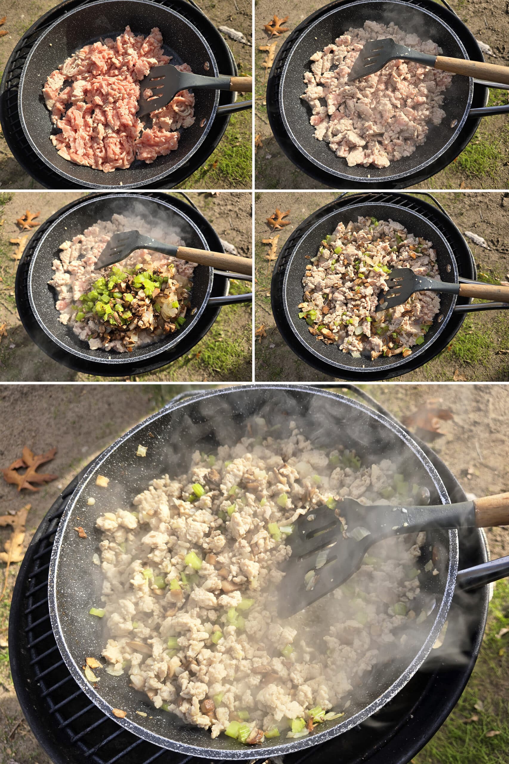 5 part image showing ground turkey being cooked in a pan over a charcoal grill, then the baggie of veggies being added to the pan and cooked til soft.
