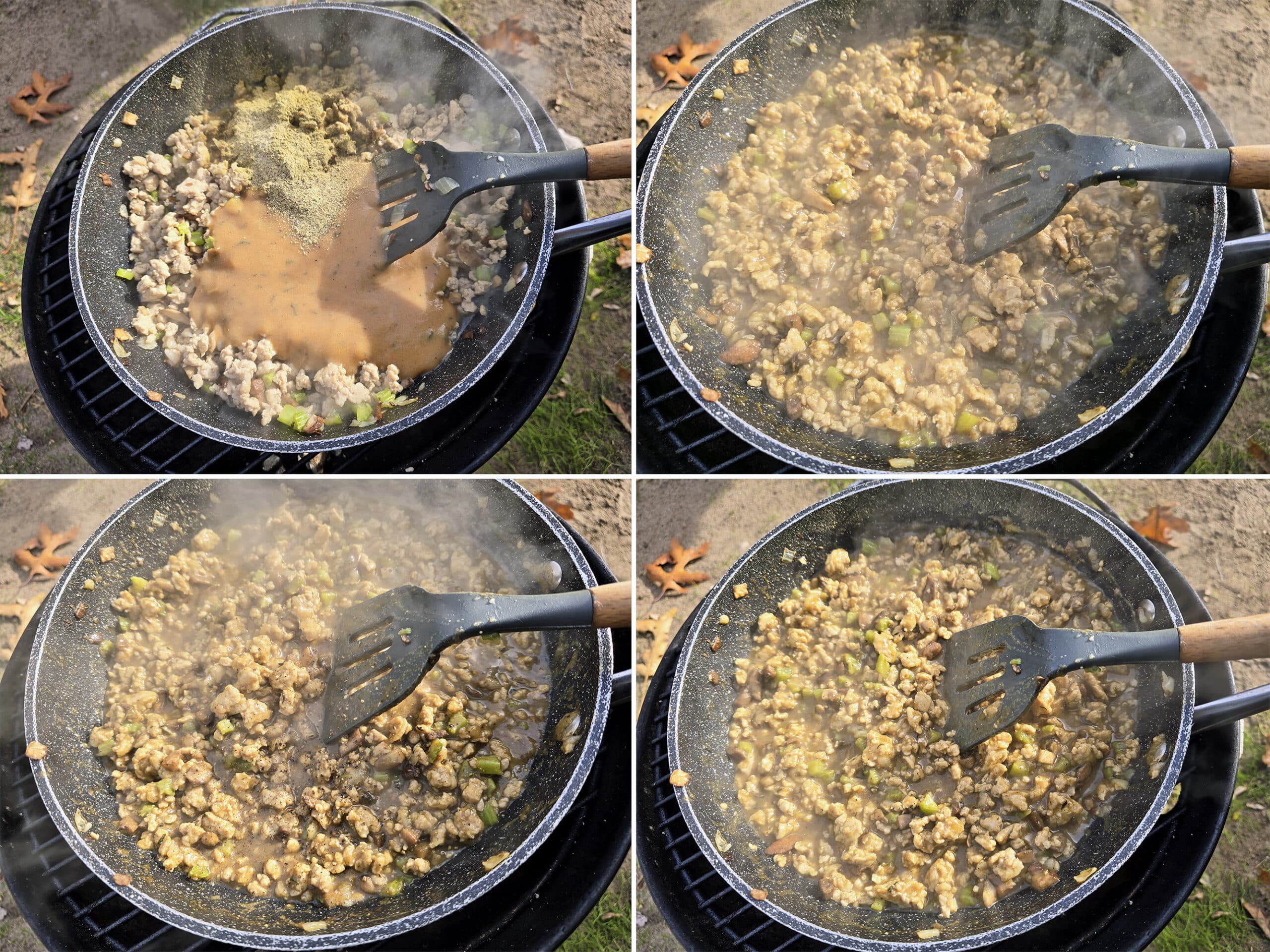 4 part image showing gravy and seasonings being added to the pan of ground turkey and vegetables, then thickened and seasoned with salt and pepper.