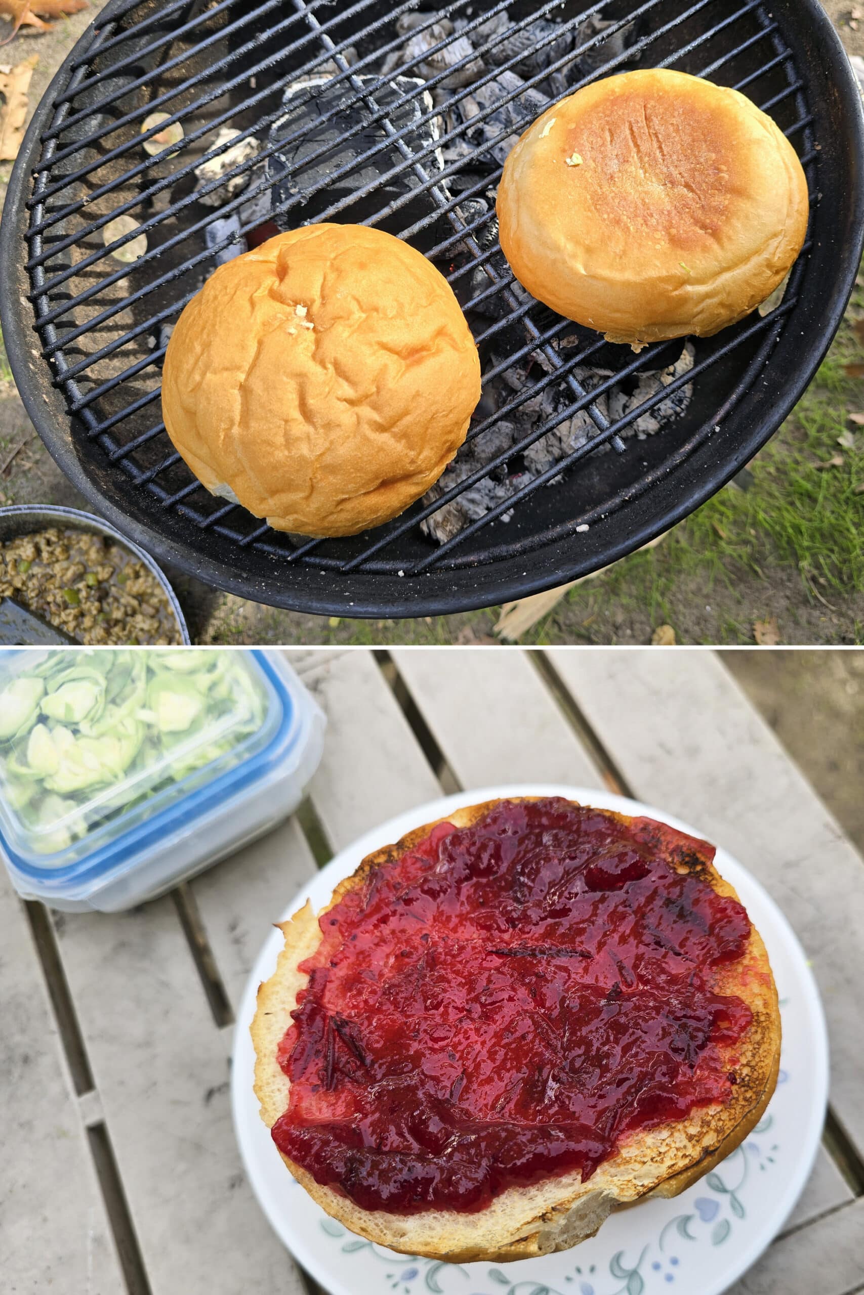 2 part image showing a bun toasting on a grill, then being spread with cranberry sauce.