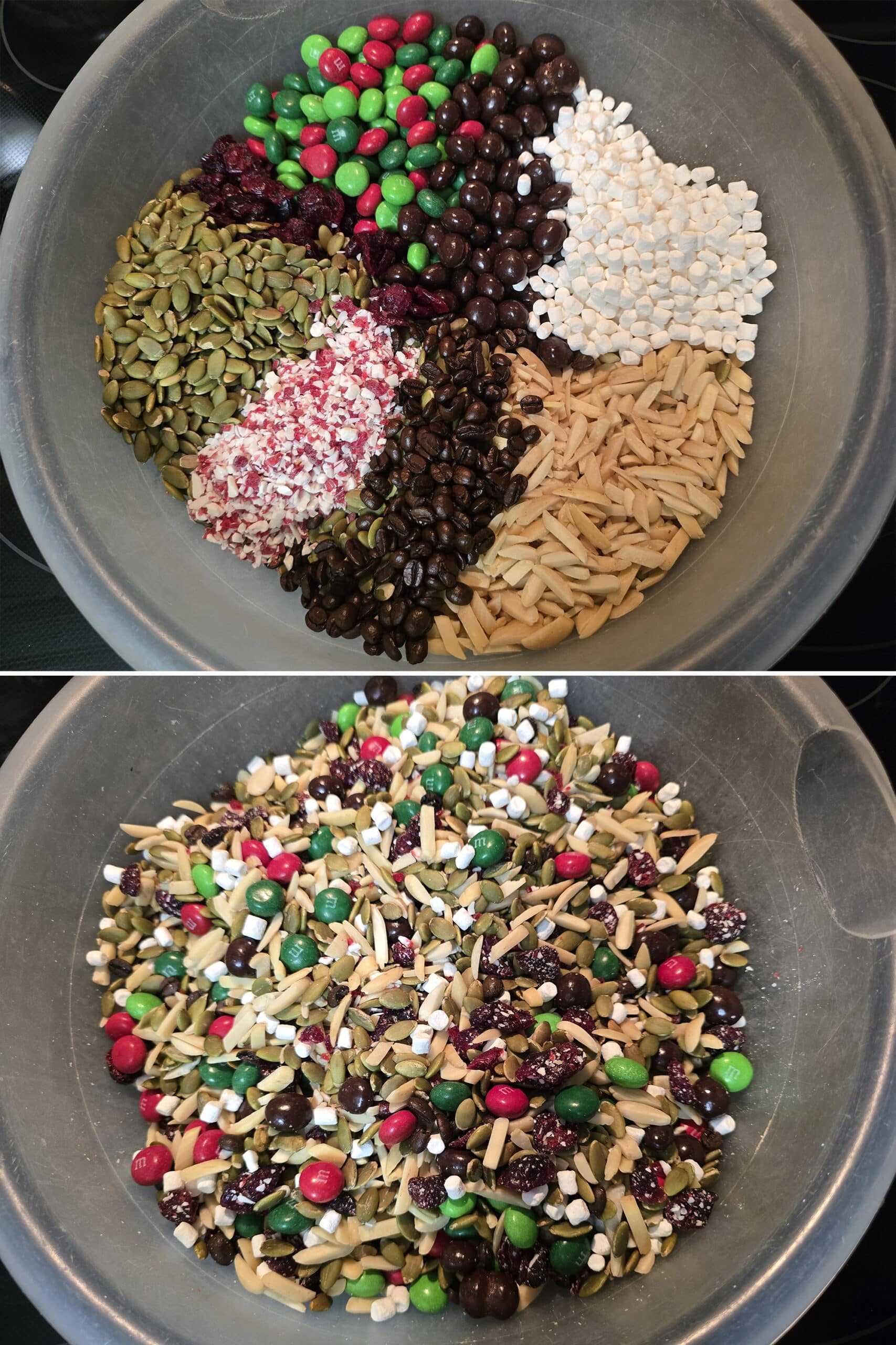 2 part image showing a large bowl of Christmas trail mix ingredients before and after being mixed.