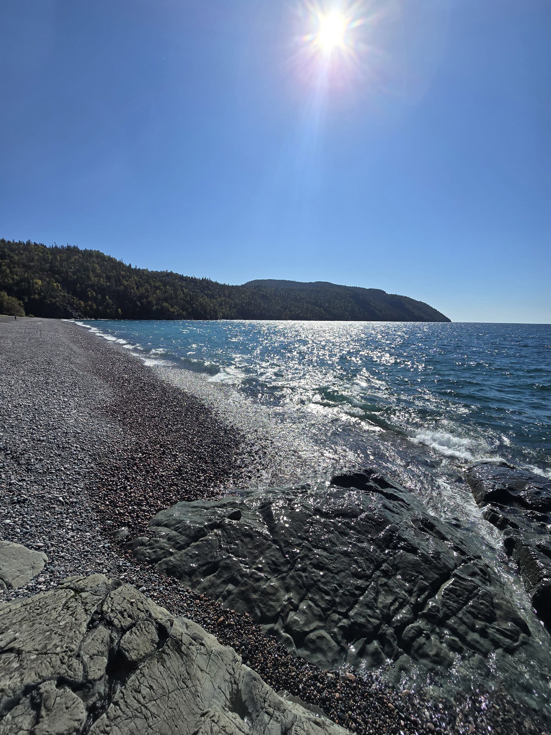 Schreiber Beach, a rocky lake superior beach with glistening blue water.