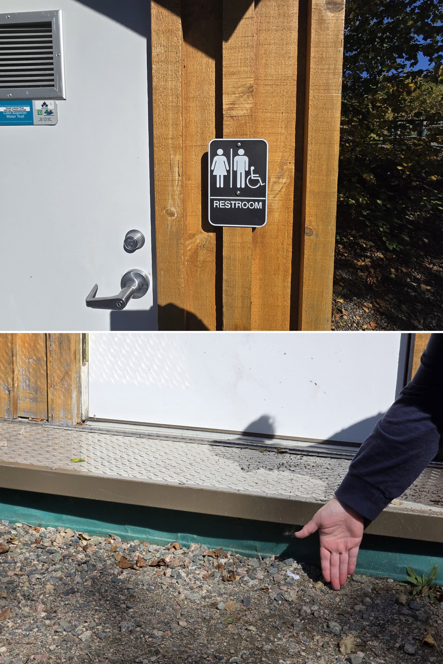 2 part image showing the accessibility sign, and a hand demonstrating big step up to the washroom.