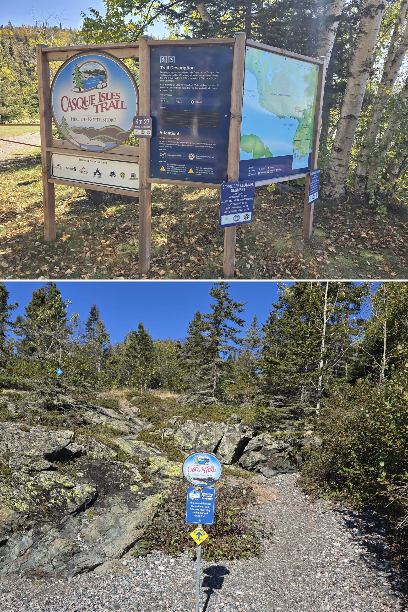 2 part image showing hiking signage at Schreiber Beach.