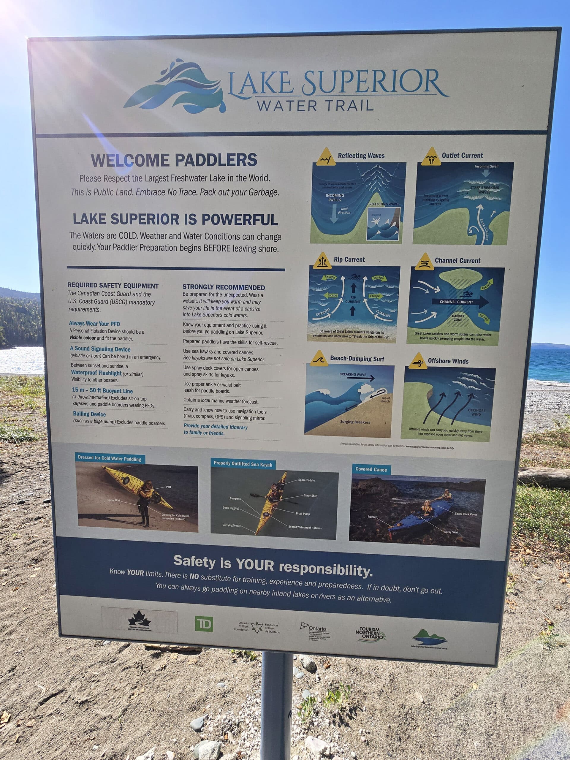 Educational signage about paddling safety on Lake Superior.