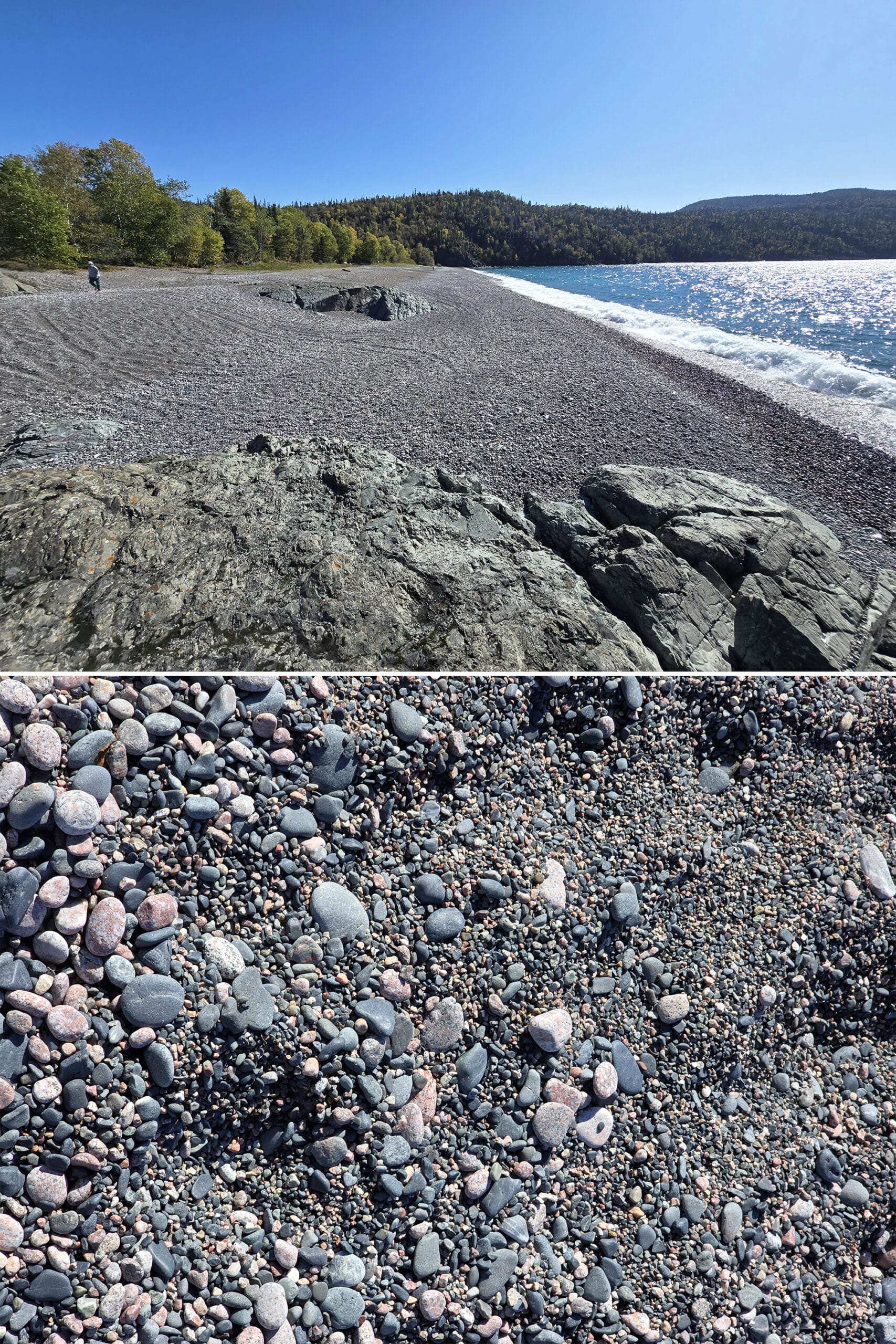 2 part image showing the pebble beach at Schreiber Beach.