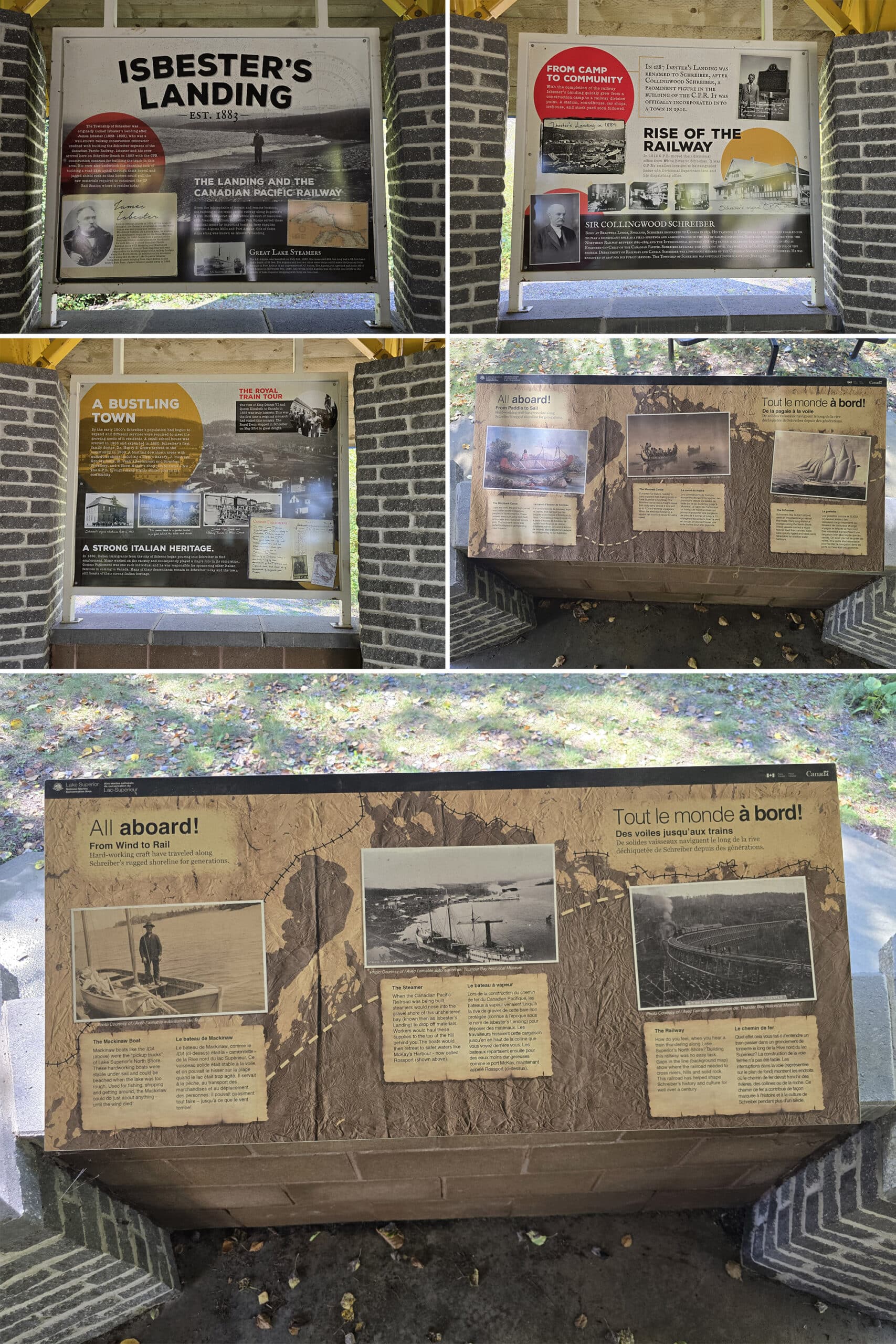 5 part image showing various educational signage at Schreiber Beach.