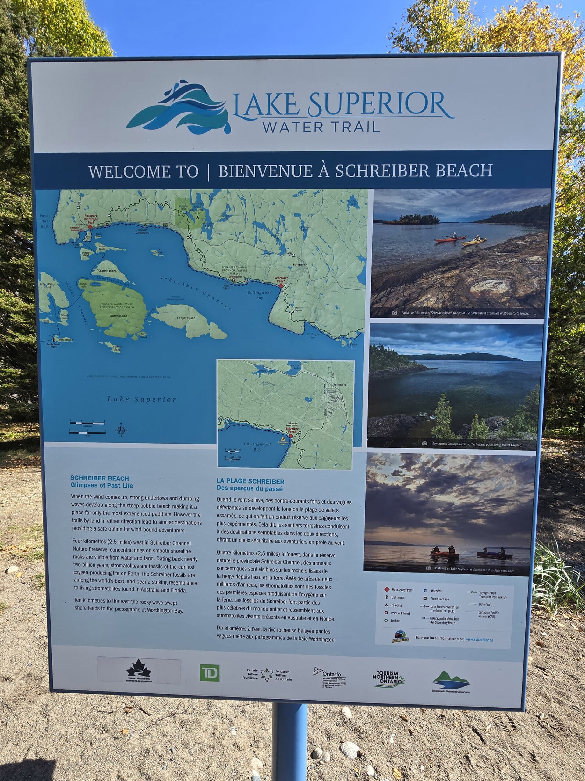 Informational signage about Schreiber beach and the surrounding area.