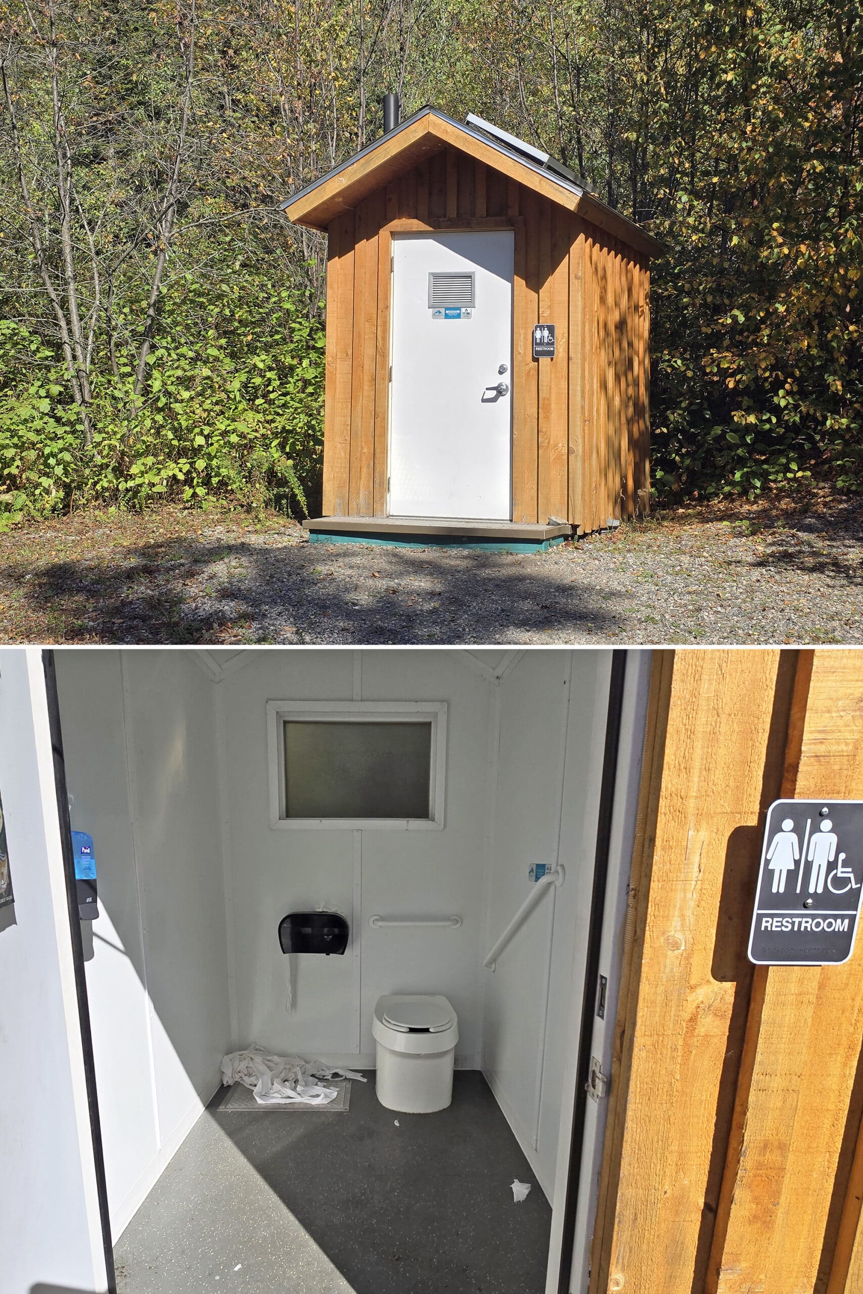 2 part image showing the inside and outside out the outhouse at Schreiber Beach.