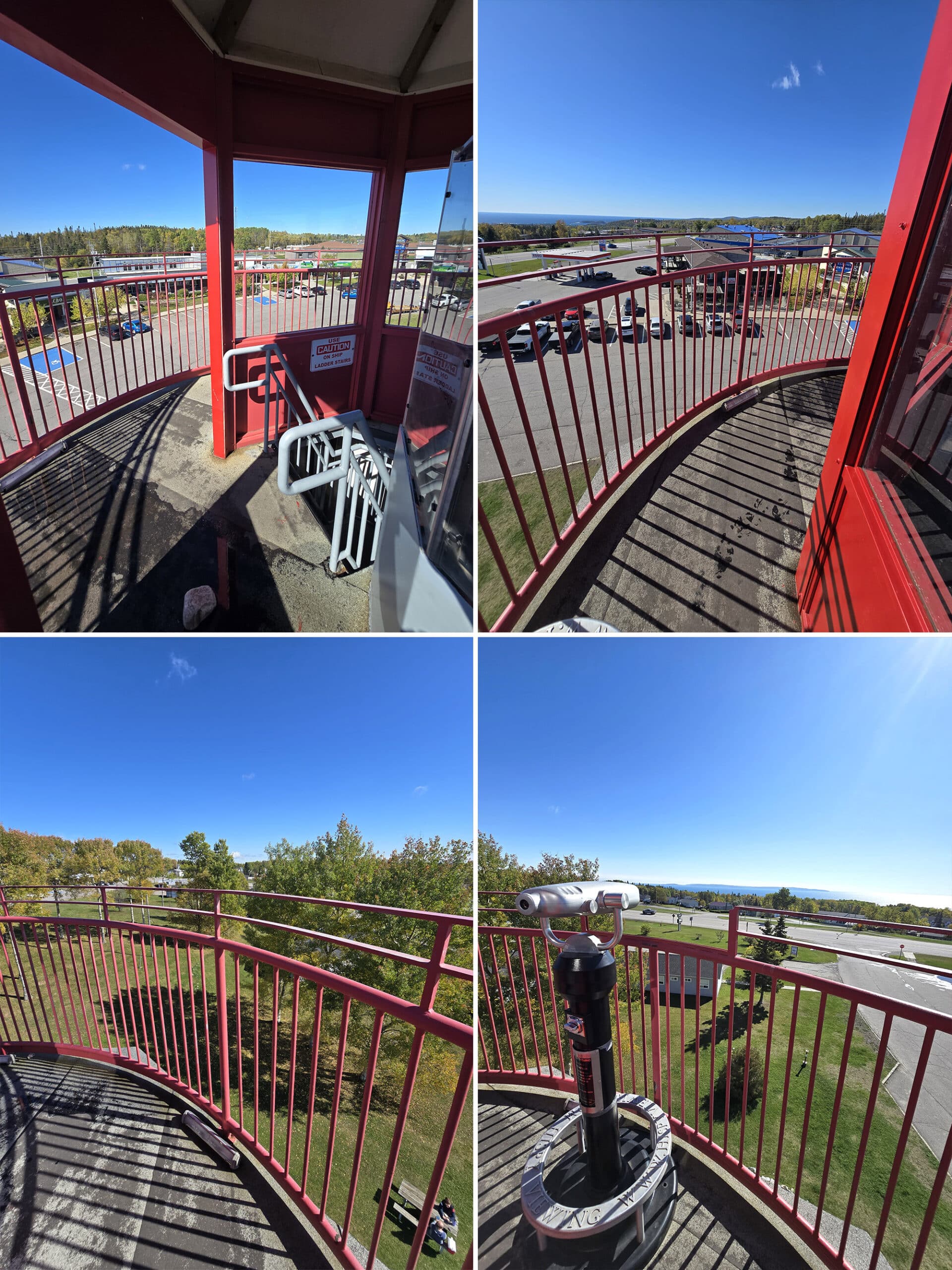 4 part image showing the exterior observation deck area at terrace bay lighthouse.