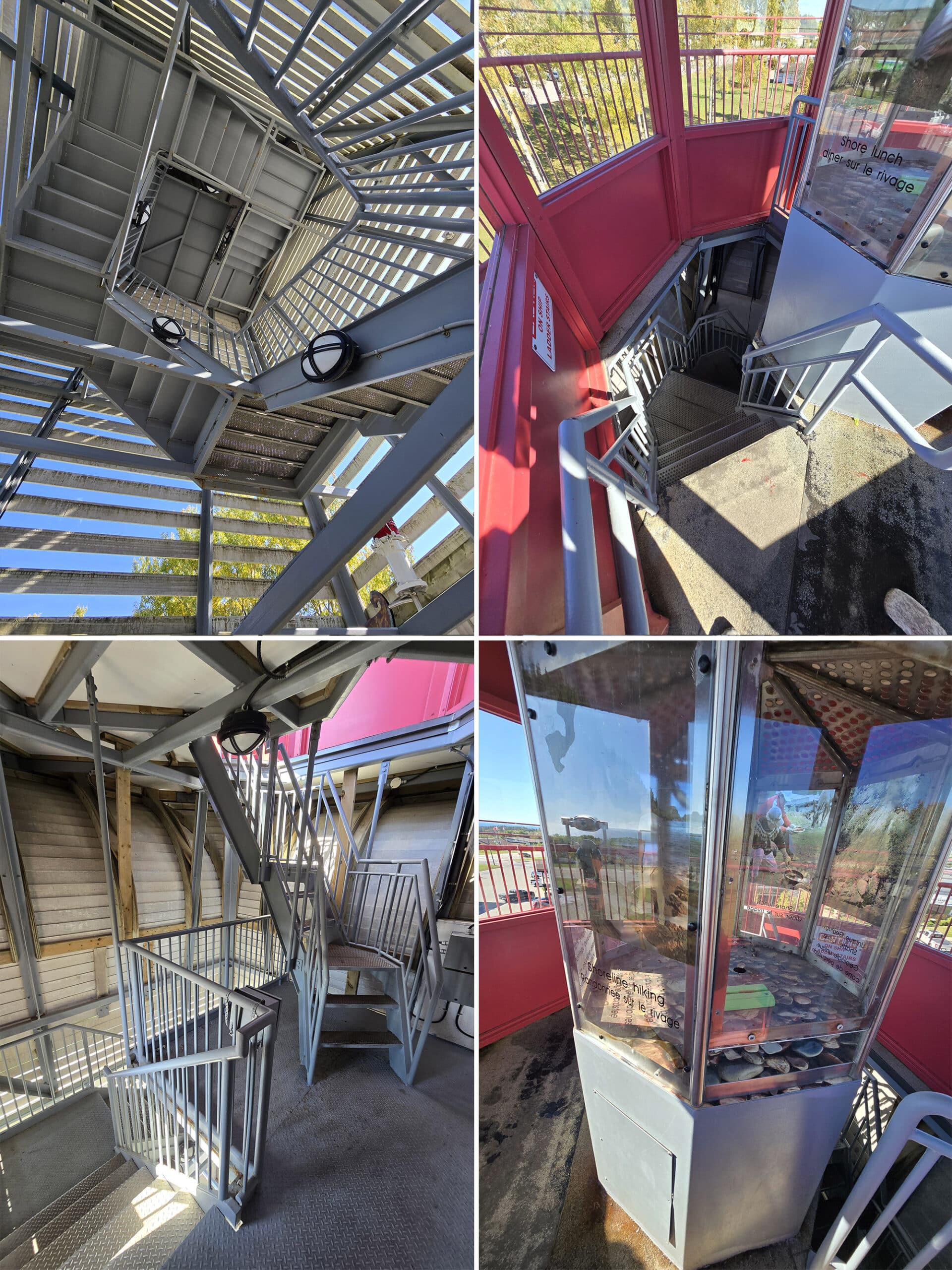 4 part image showing the inside of the terrace bay lighthouse, with stairs and a light.