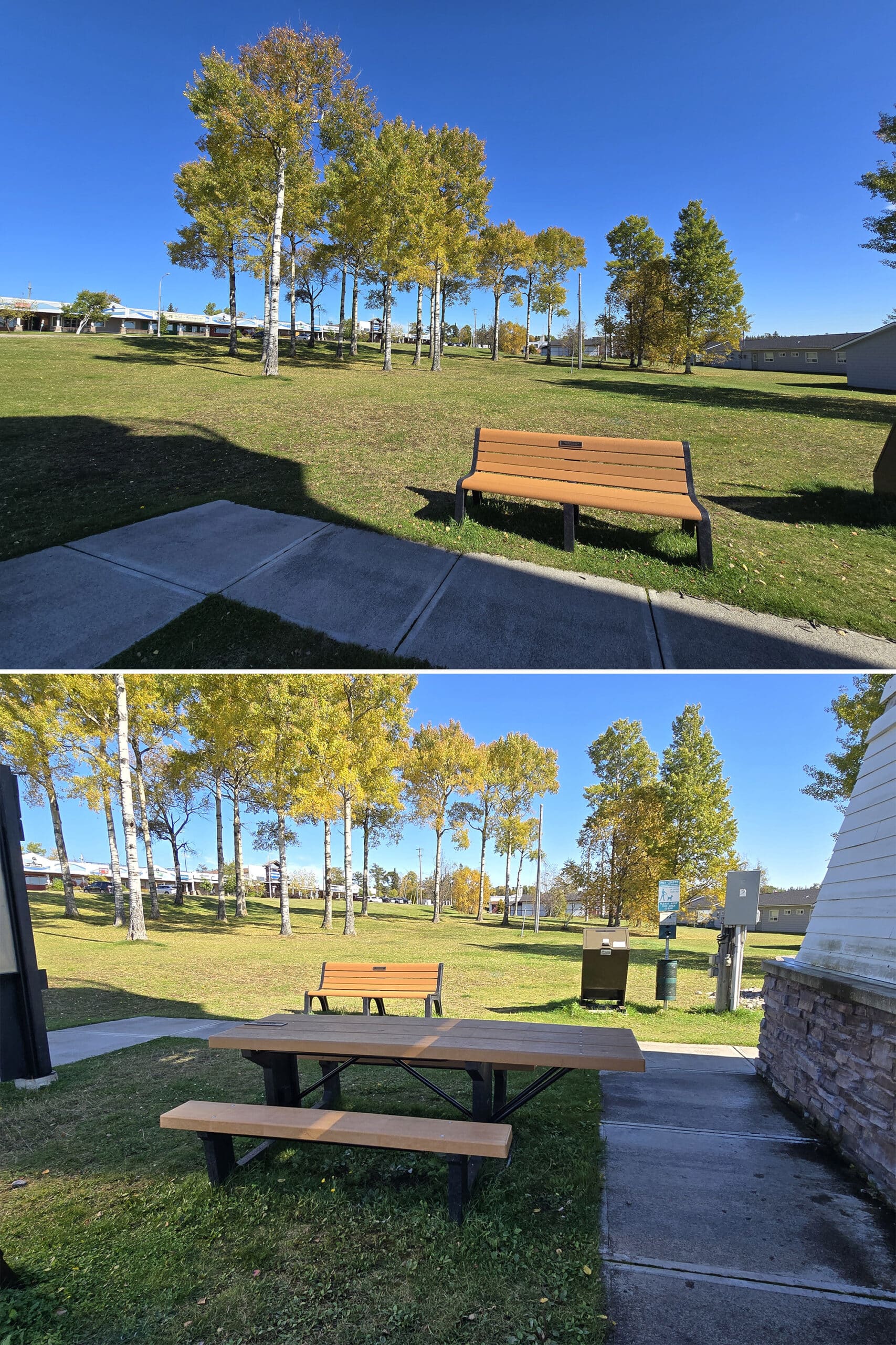 2 part image showing picnic tables and seating benches on lawn space at Terrace Bay Lighthouse.