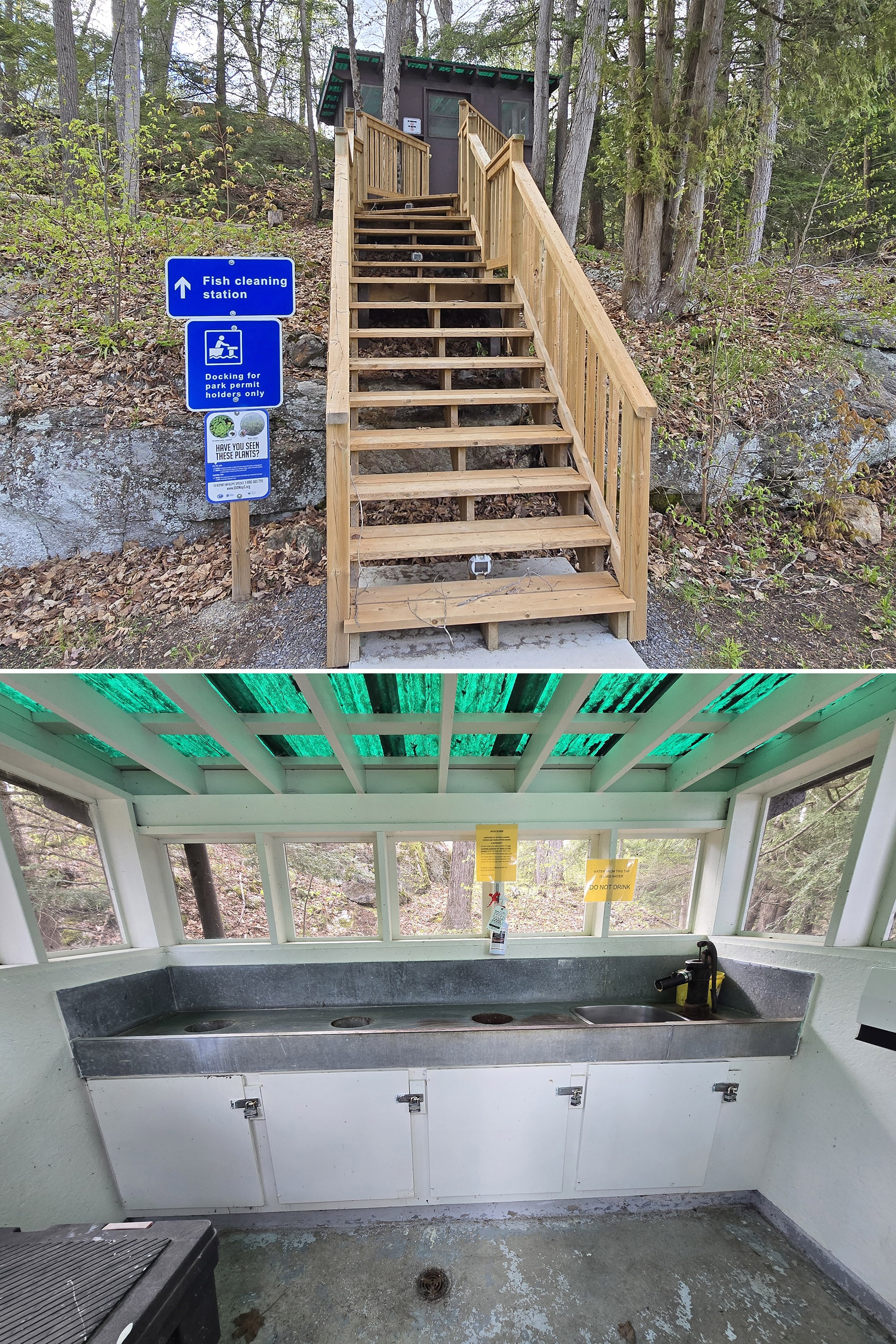 3 part image showing various views of the fish cleaning station at Charleston Lake Provincial Park.