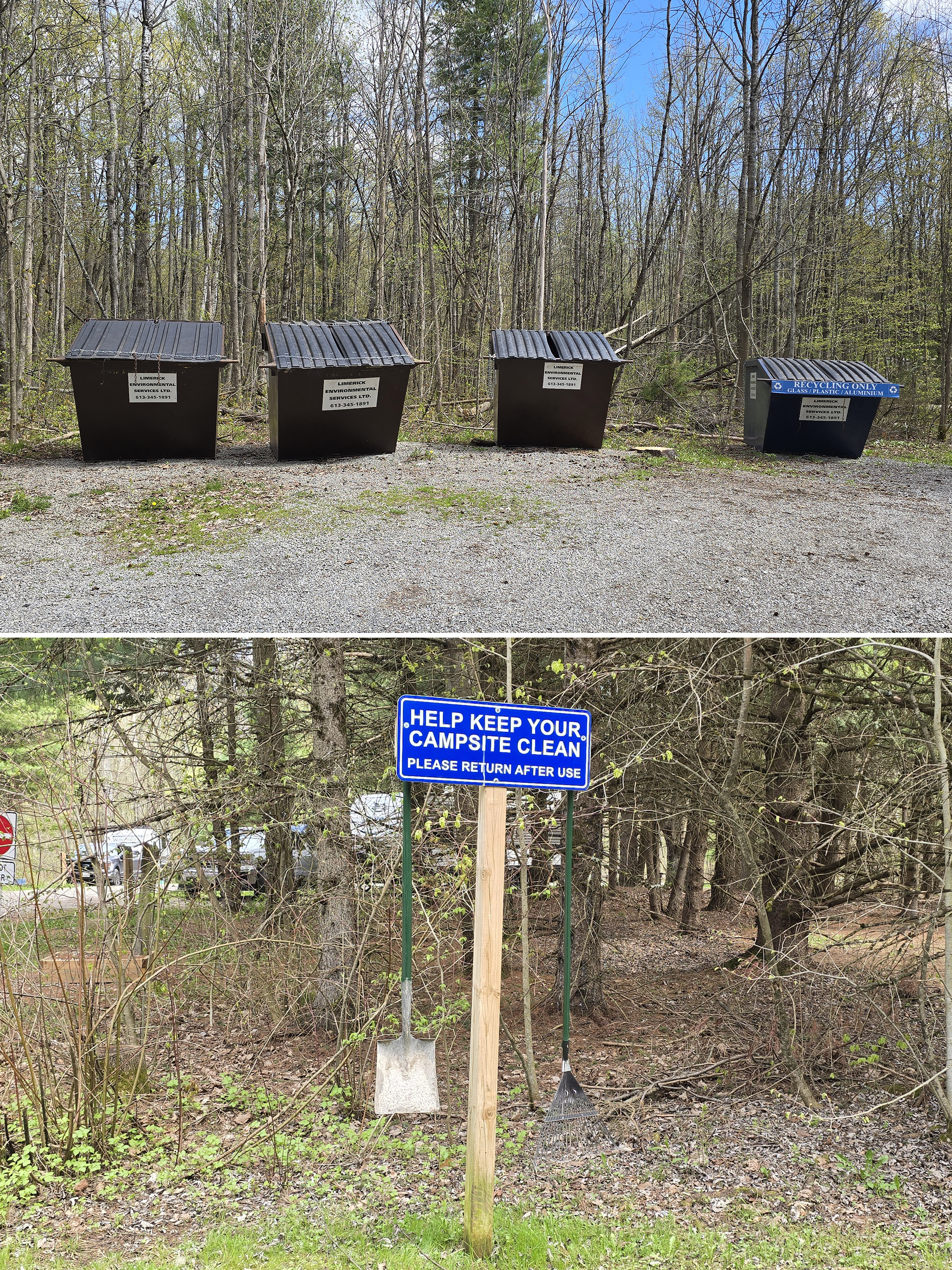 2 part image showing a garbage and recycling area, and a stand with a rake and shovel.