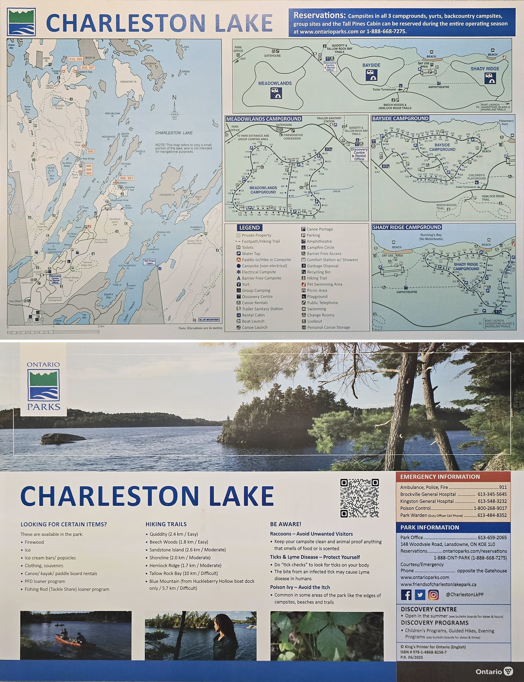 2 part image showing the front and back of the Charleston Lake Provincial Park map.