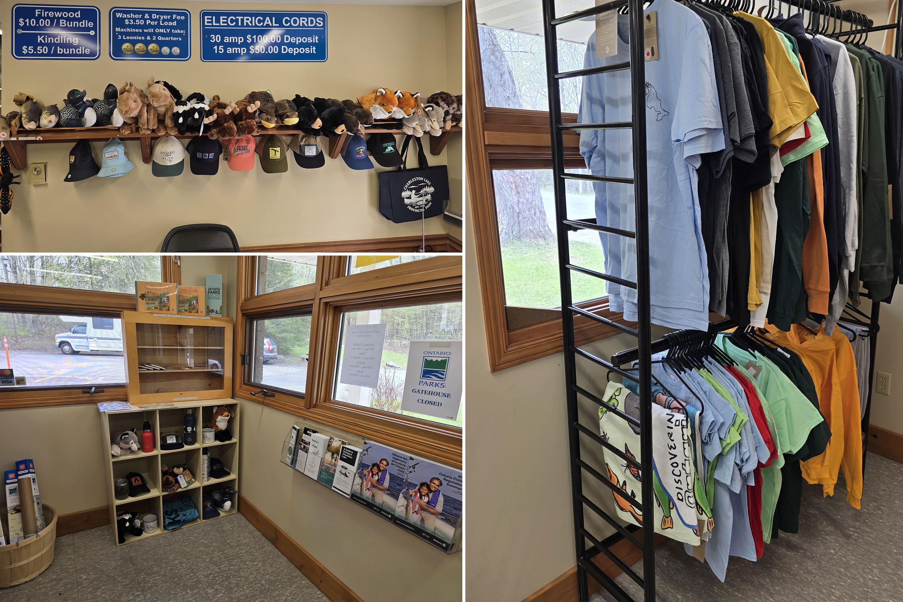 3 part image showing various views of campground store at Charleston Lake Provincial Park.