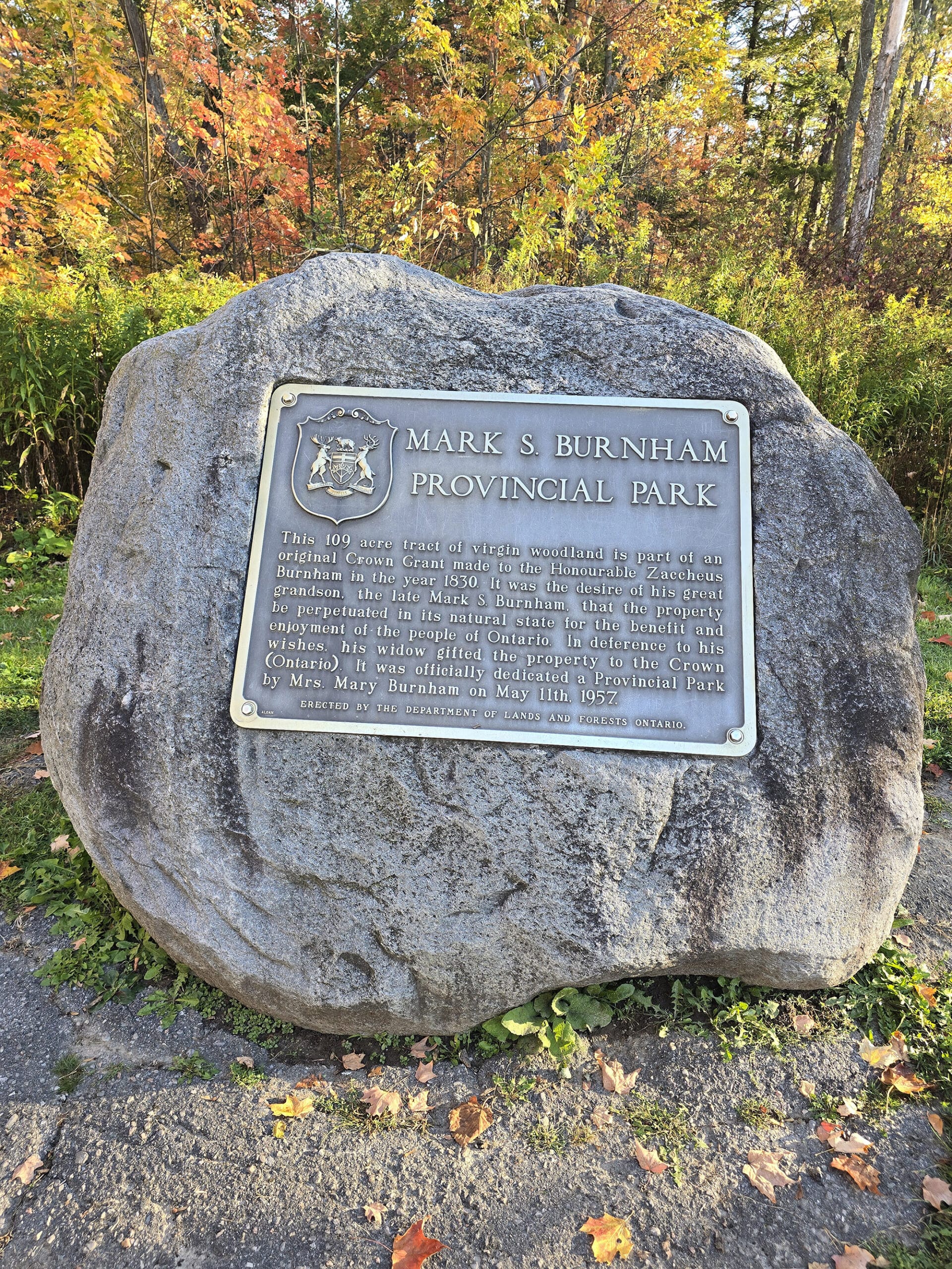 A memorial rock with a plaque about Mark S Burnham.