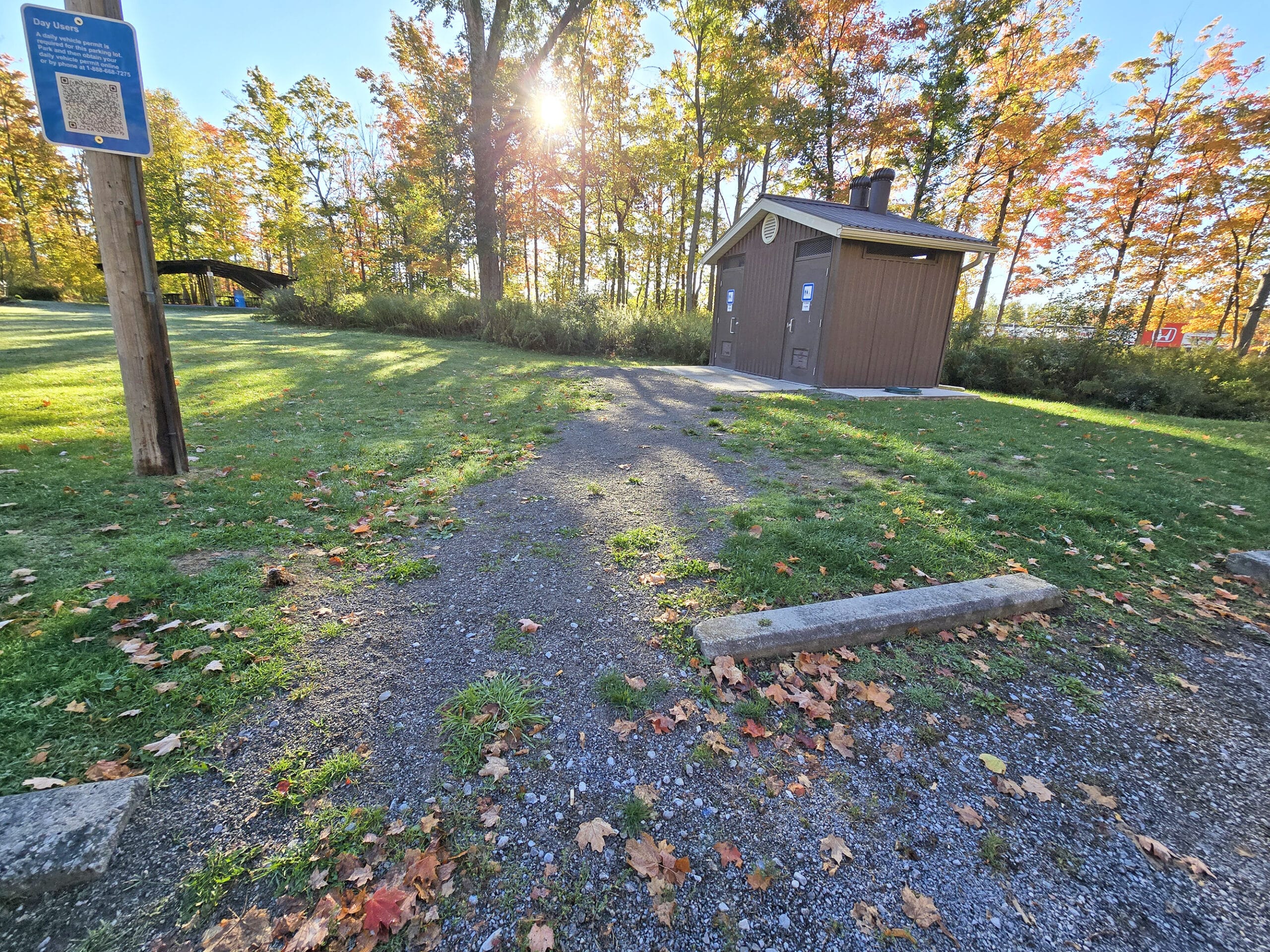 The path from the parking lot to the washroom building at Mark S Burnham Provincial Park.