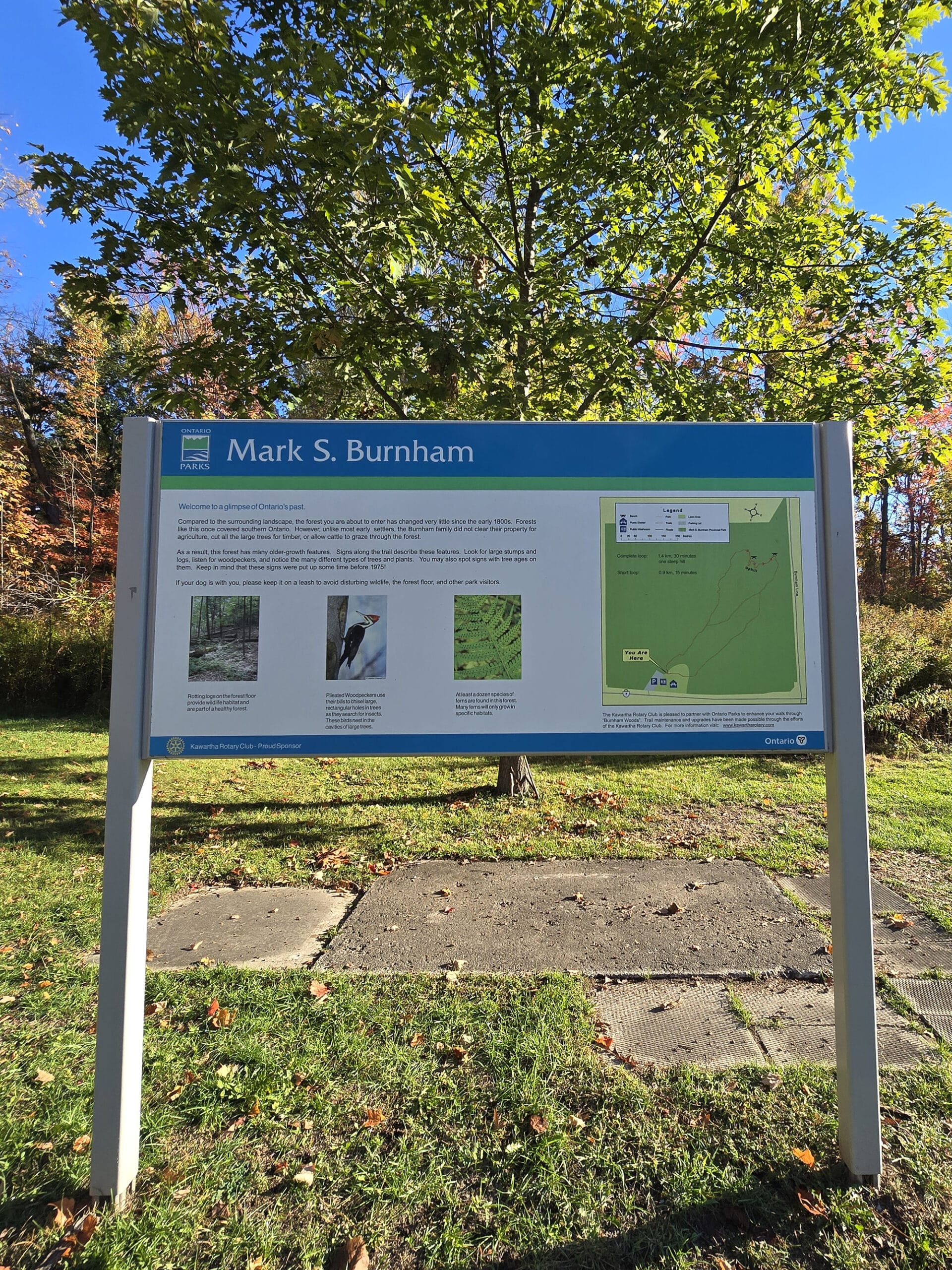 The directional signage and map at Mark S Burnham Provincial Park.