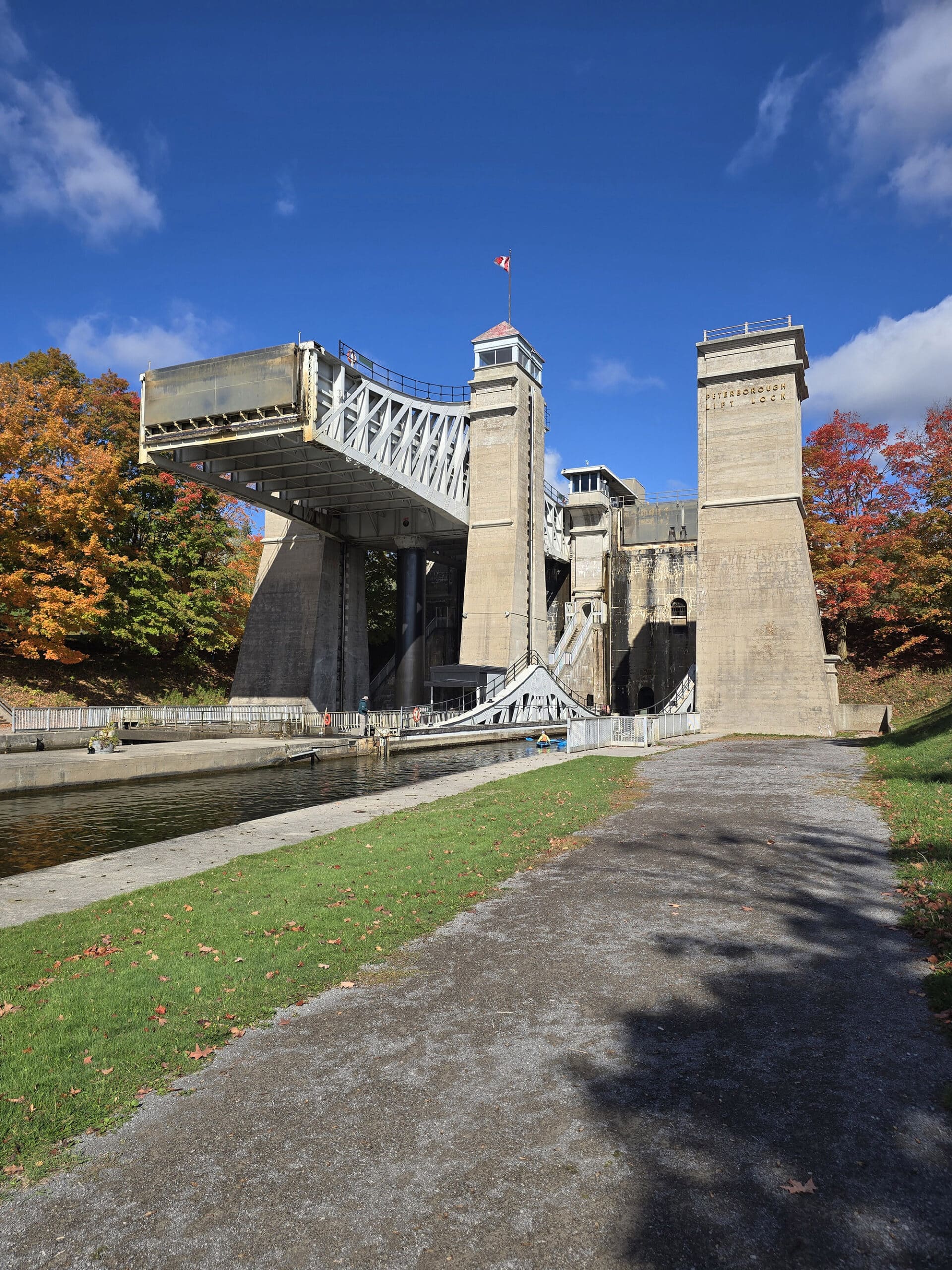 The Peterborough Lift Lock surrounded by trees in full fall colour.