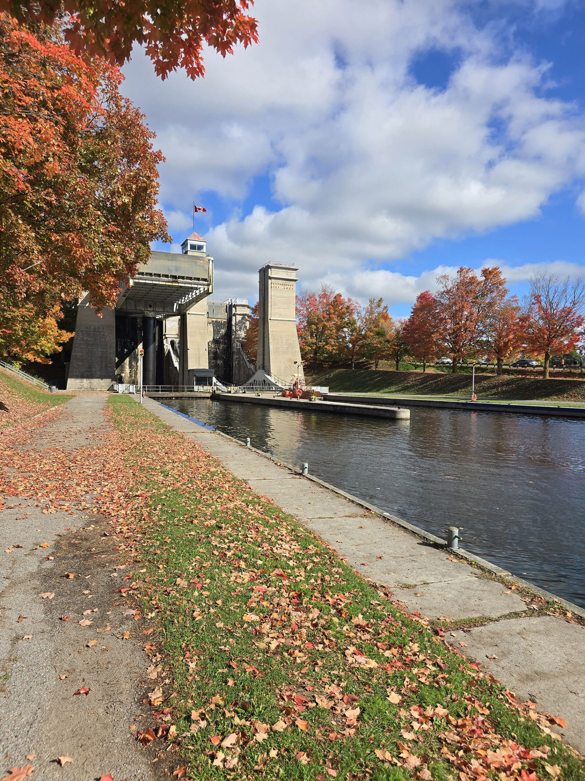 The Peterborough Lift Lock surrounded by trees in full fall colour.
