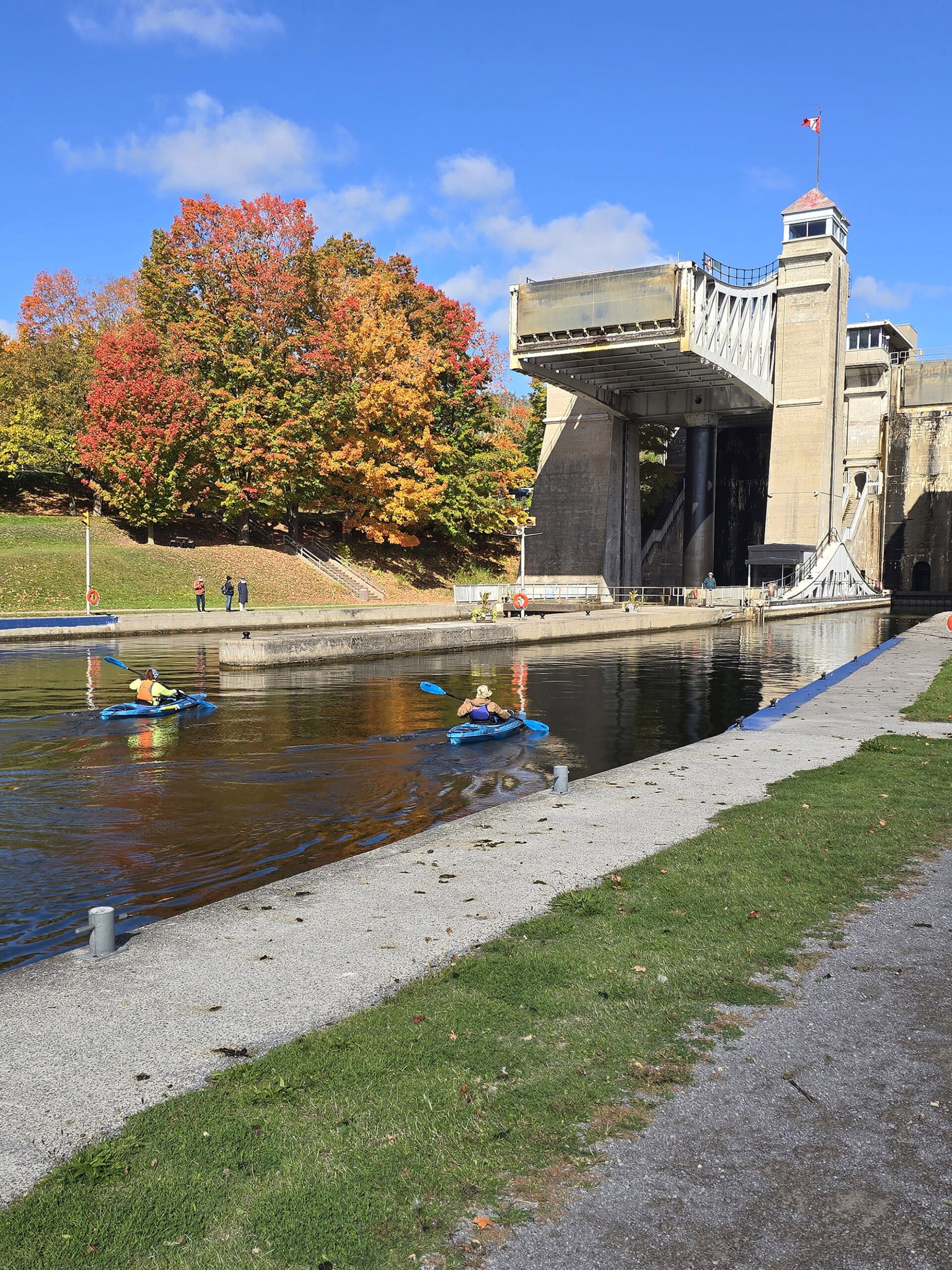 The Peterborough Lift Lock surrounded by trees in full fall colour.