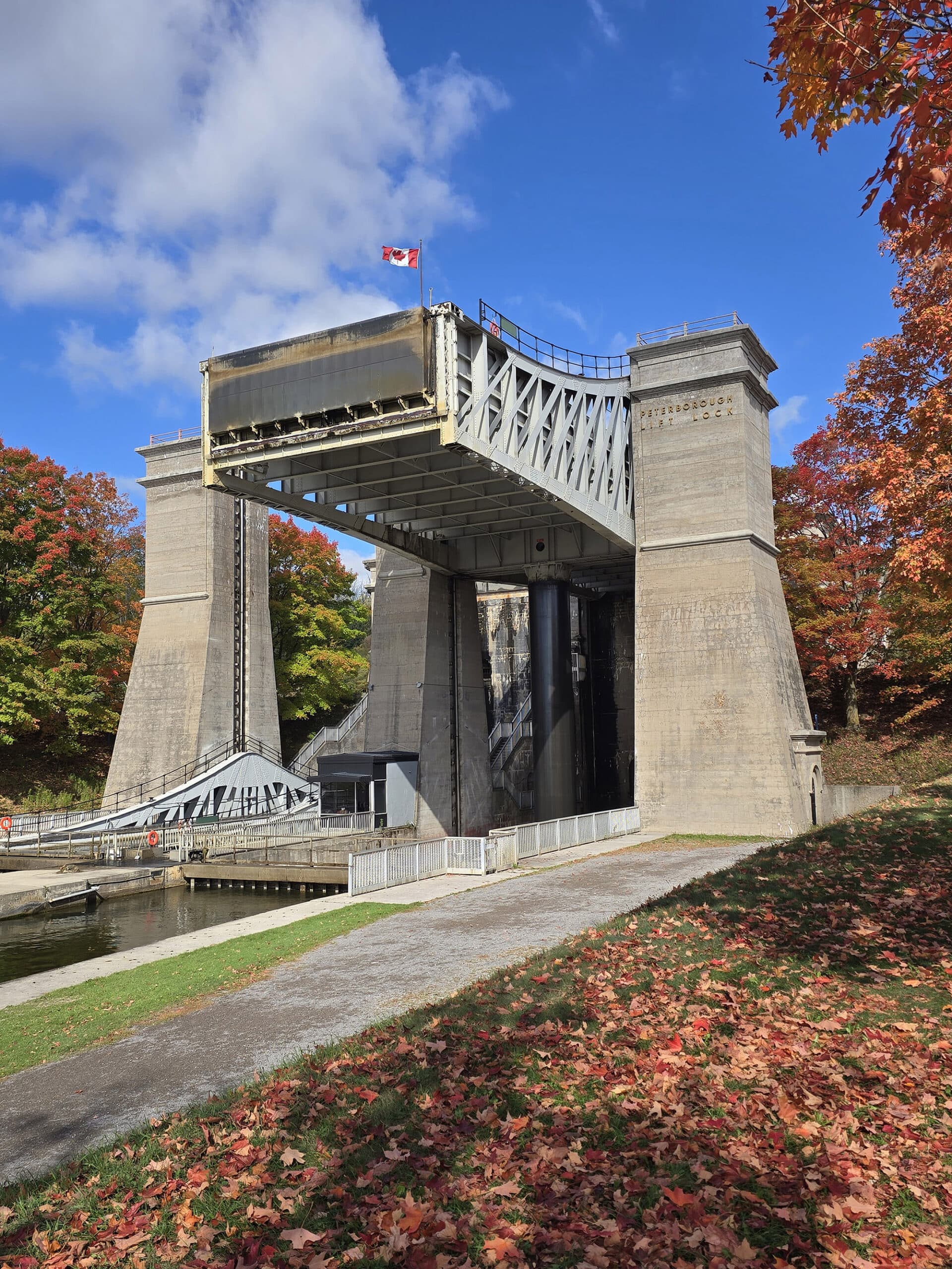 The Peterborough Lift Lock surrounded by trees in full fall colour.
