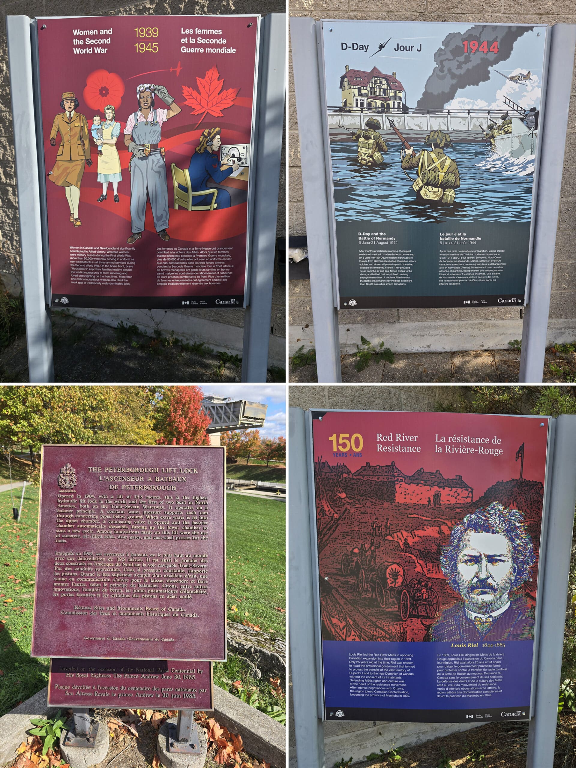 4 part image showing some of the educational signage at peterborough lift lock historic site.