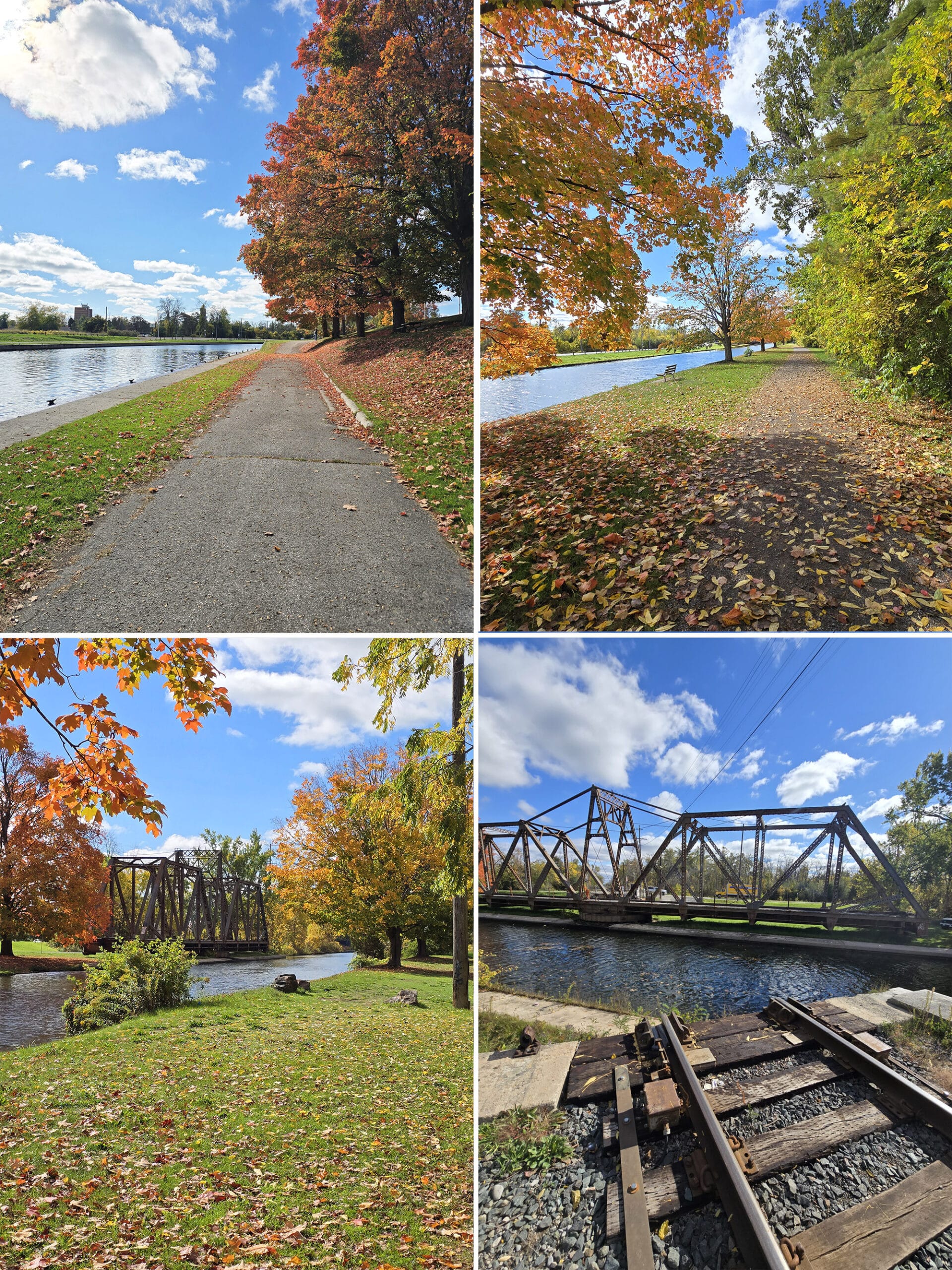 3 part image showing various views along the riverside walking path at Peterborough Lift Lock.