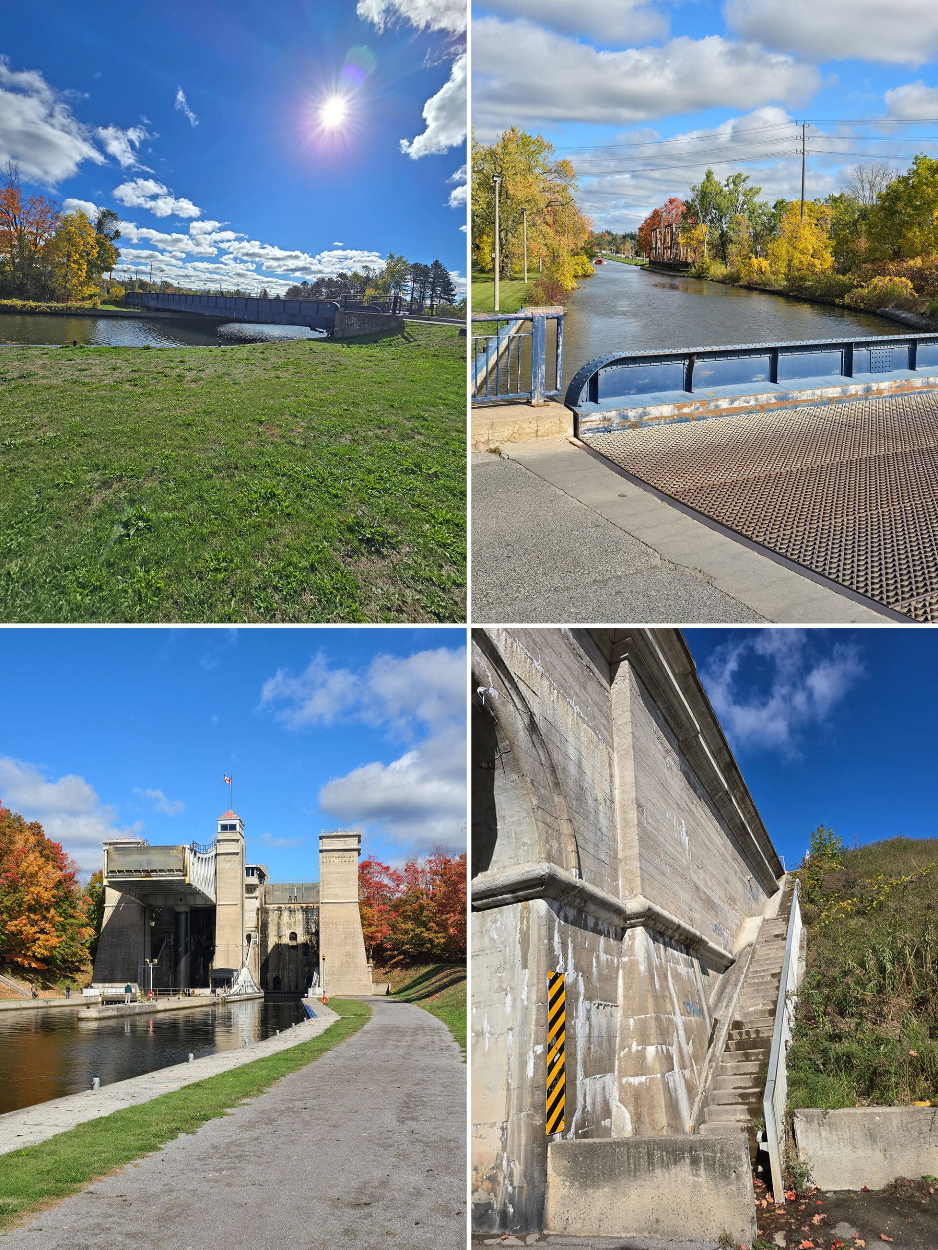 3 part image showing various views along the riverside walking path at Peterborough Lift Lock.
