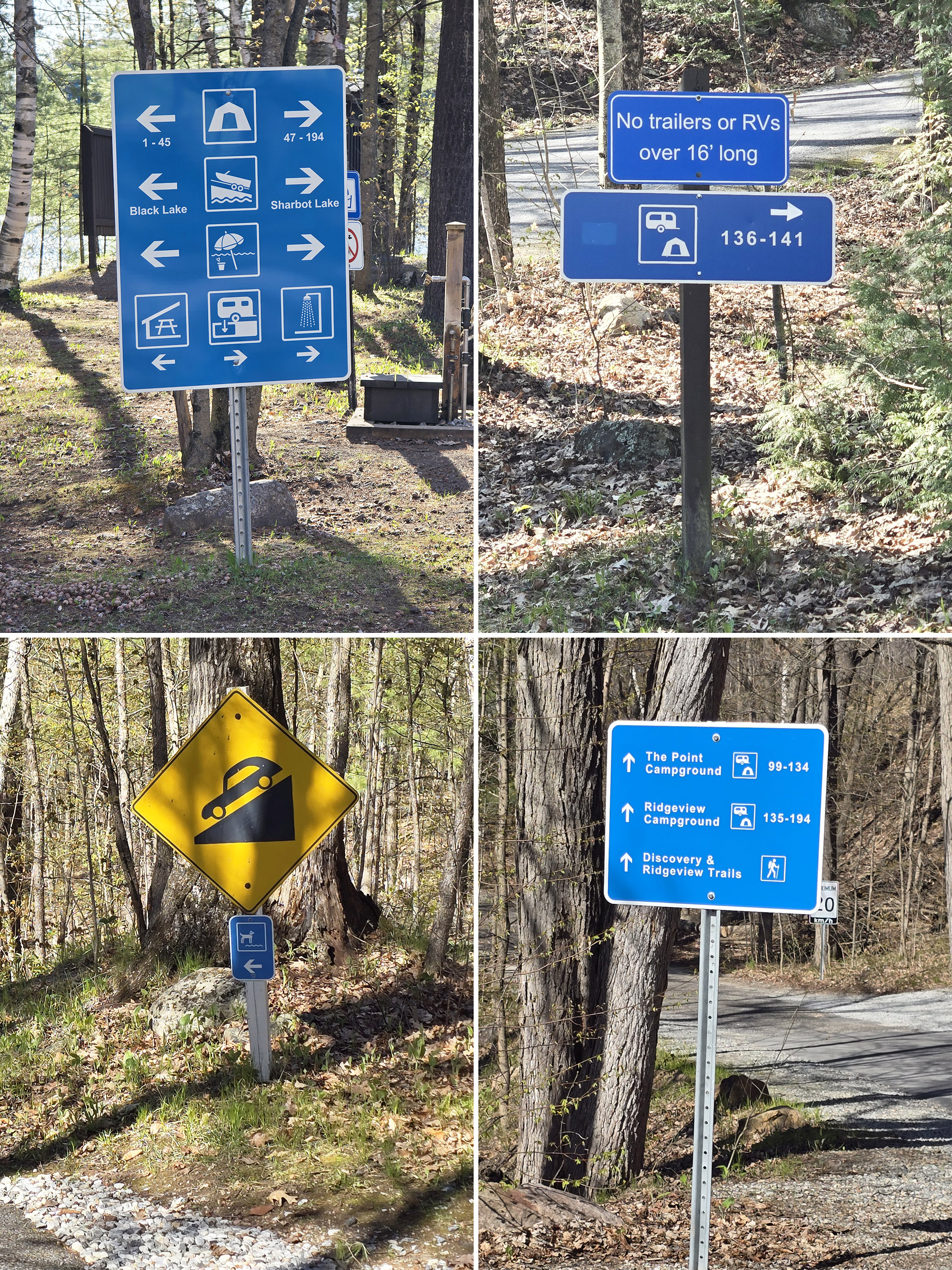 4 part image showing various directional signs at Sharbot Lake Provincial Park.