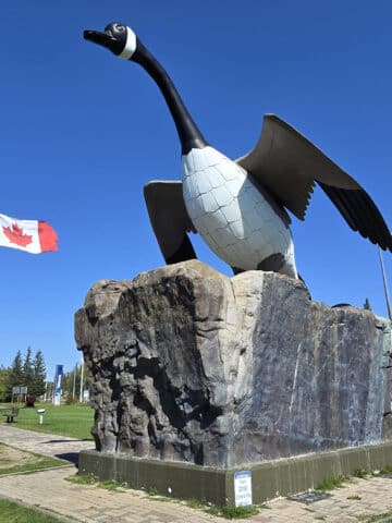 The wawa goose statue with a Canadian flag in the background.