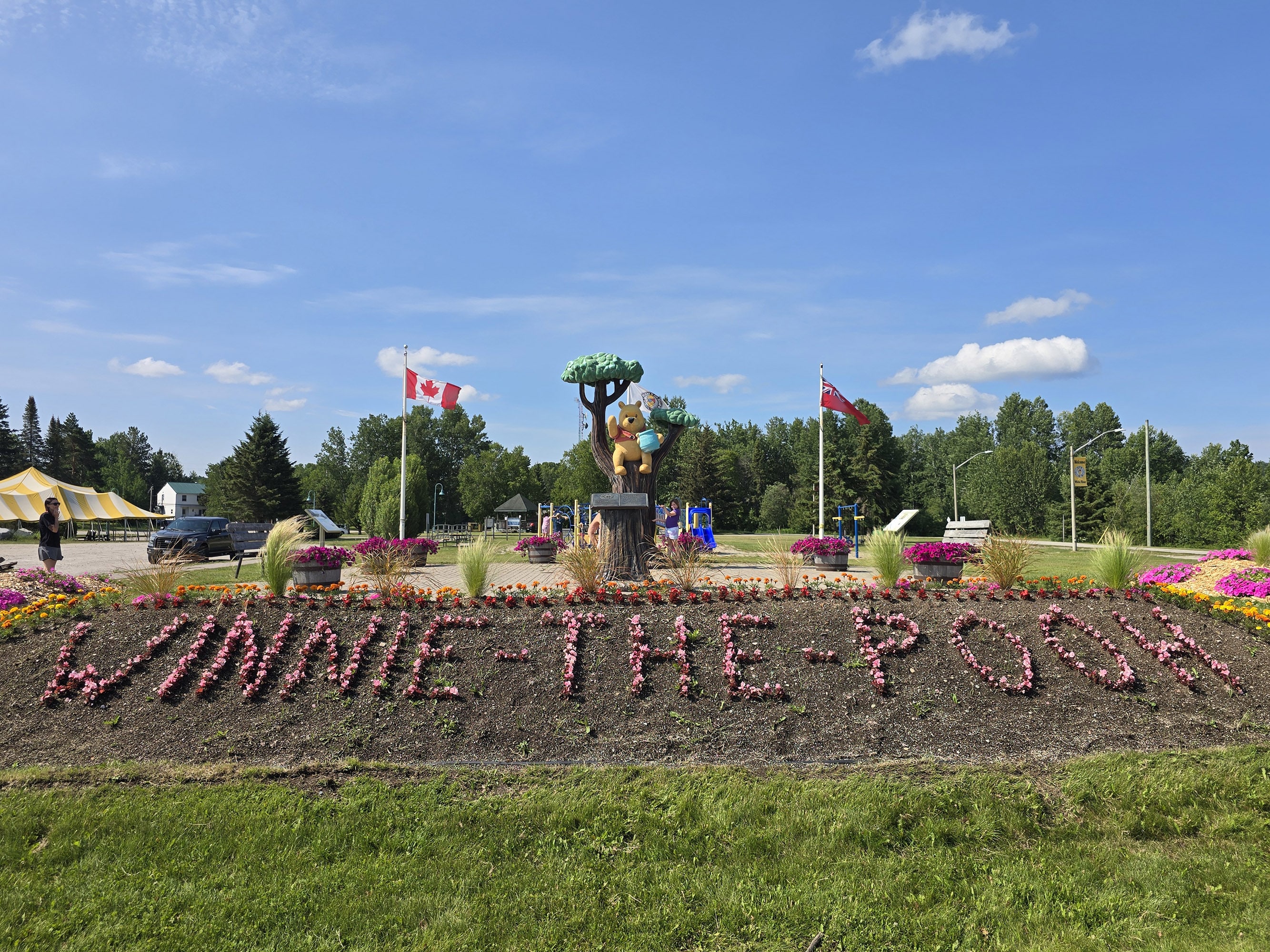 A statue of Winnie the Pooh in a tree, with a a garden of flowers spelling out winnie the pooh in front of it.