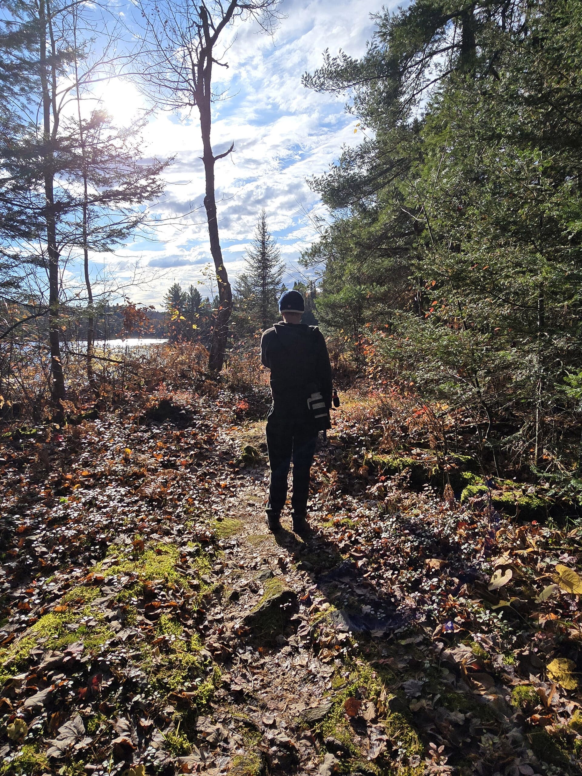 A man walking towards a lake in algonquin provincial park.