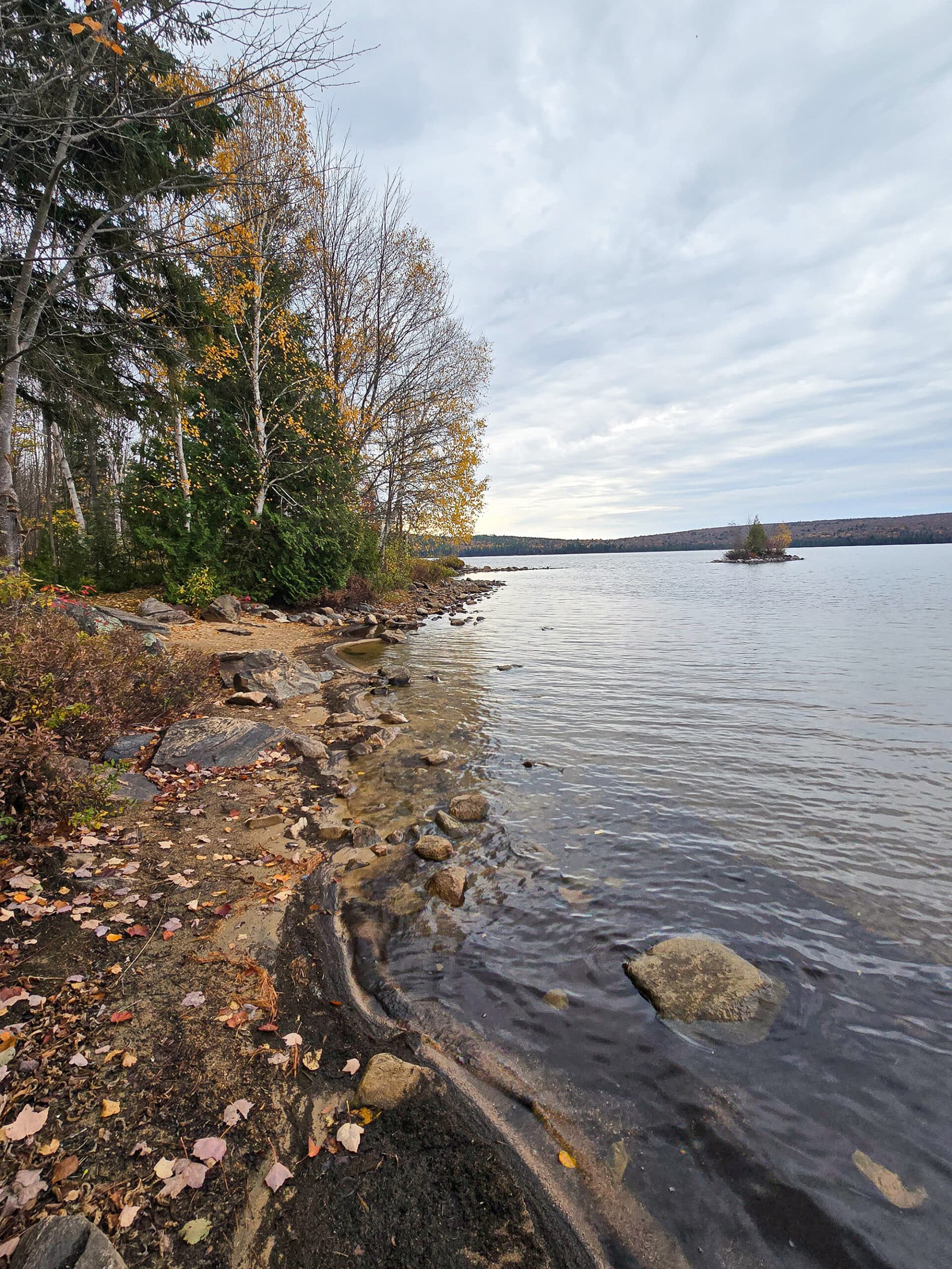 A rocky shoreline at Brent Campground in Algonquin Provincial Park.