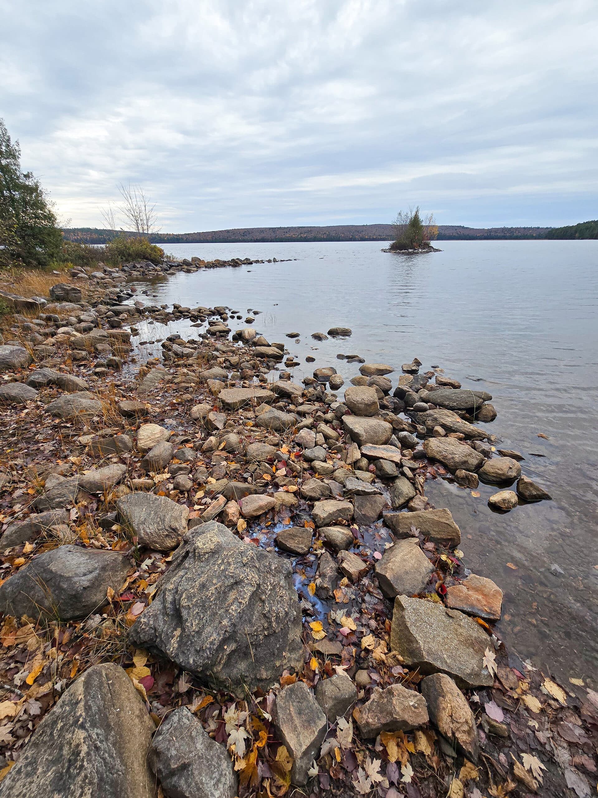 A rocky shoreline at Brent Campground in Algonquin Provincial Park.