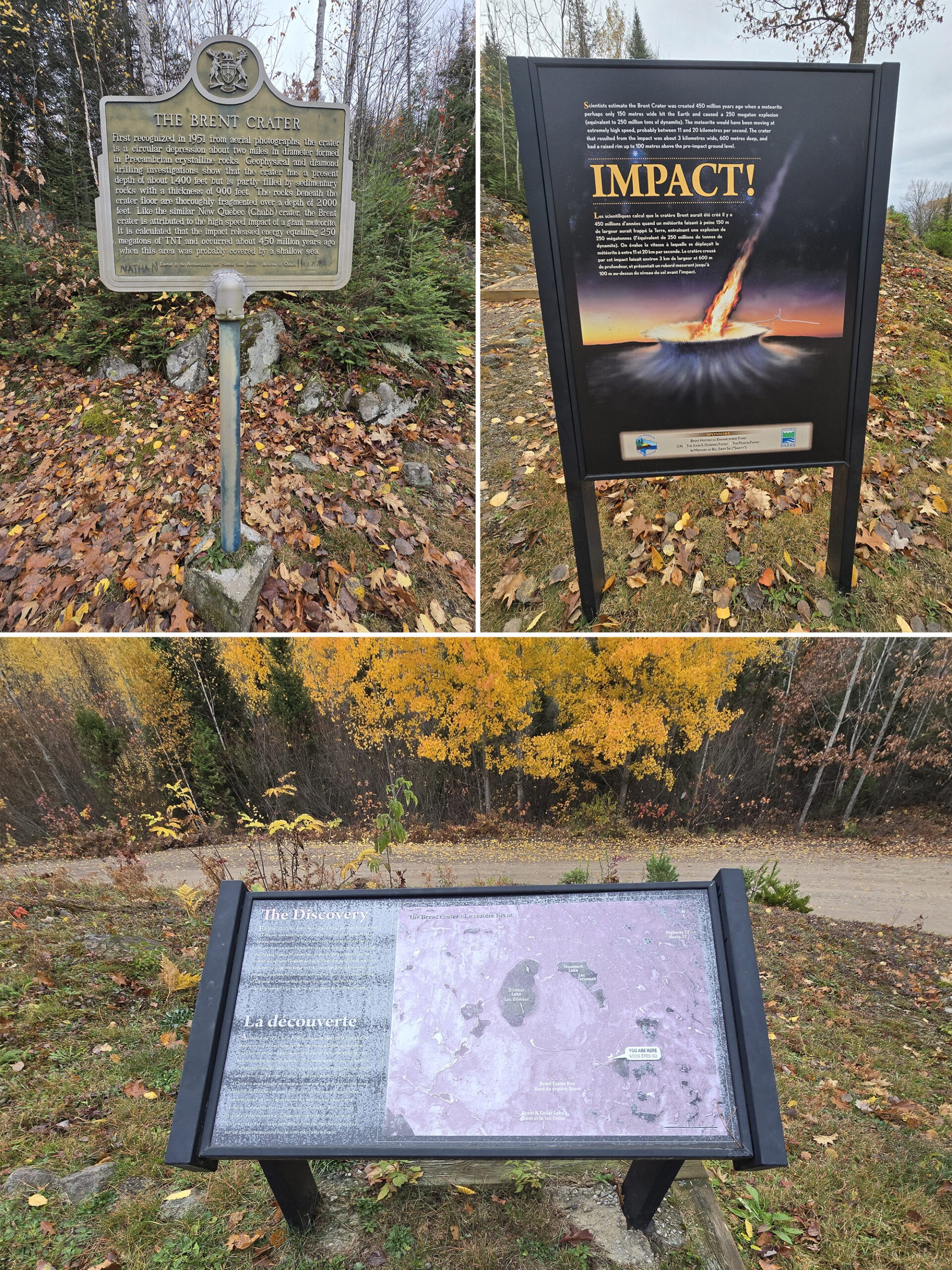 3 part image showing some educational signage at the brent crater in algonquin provincial park.