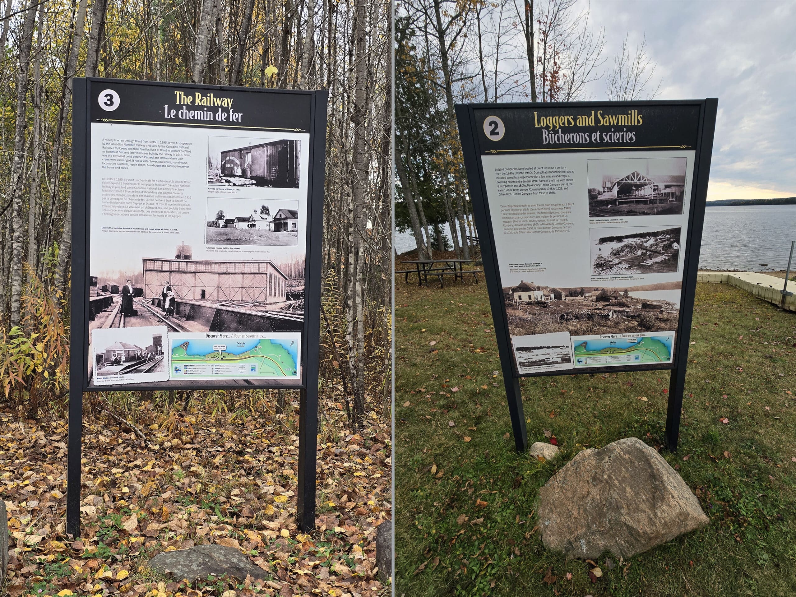 2 part image showing educational signage at Brent Campground in Algonquin Provincial Park.