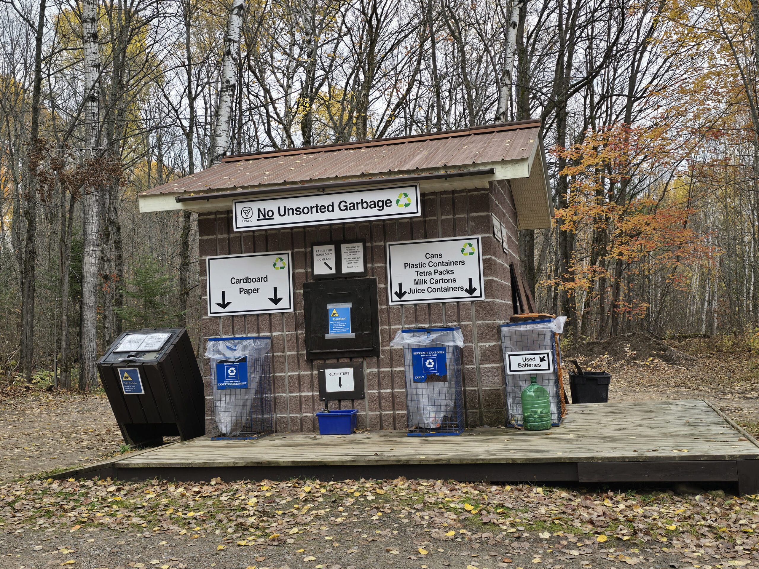 The garbage and recycling center at Brent Campground in Algonquin Provincial Park.