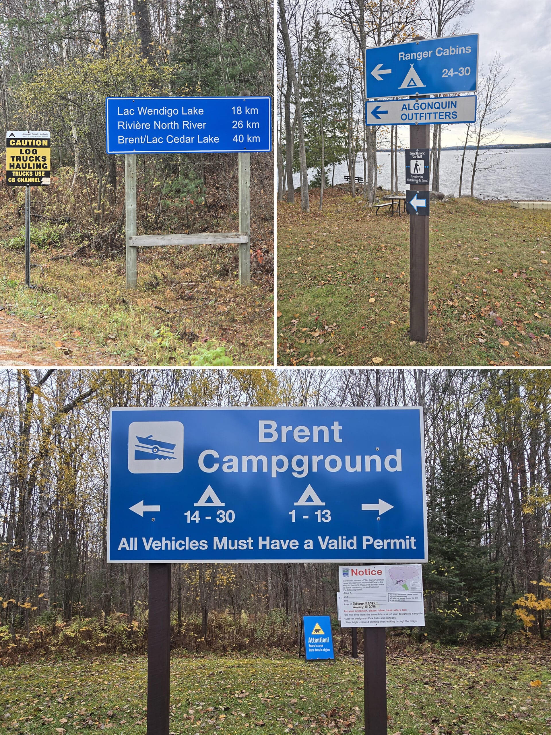 3 part image showing various directional signage at Brent Campground in Algonquin Provincial Park.