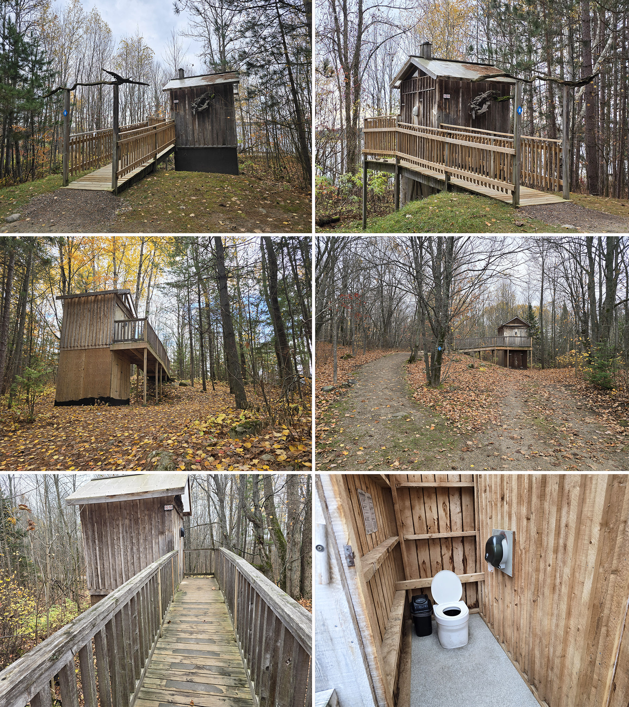 6 part image showing various views of vault toilets at Brent Campground.