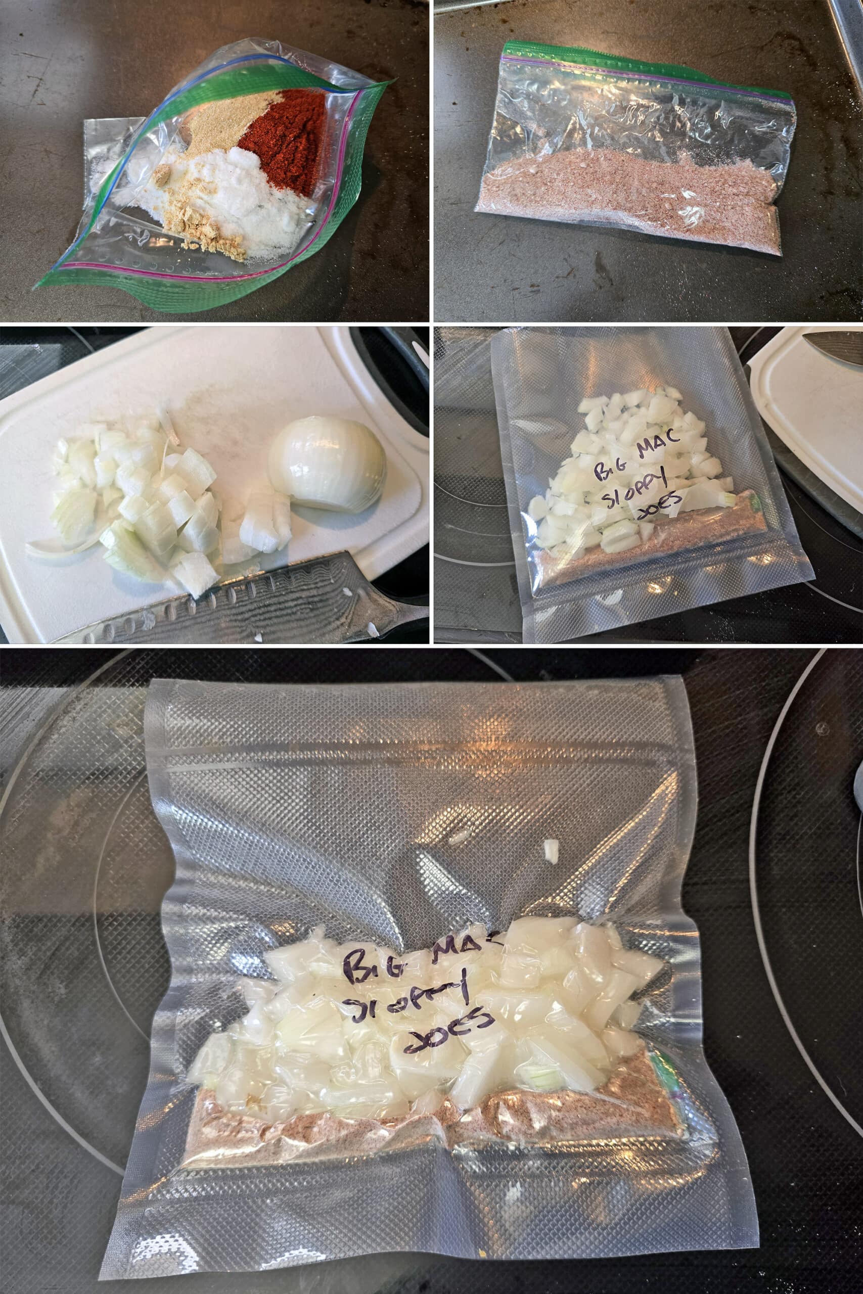 5 part image showing the big mac spices being mixed in a small baggie, an onion being chopped, and the spices and onion being sealed in a freezer baggie.