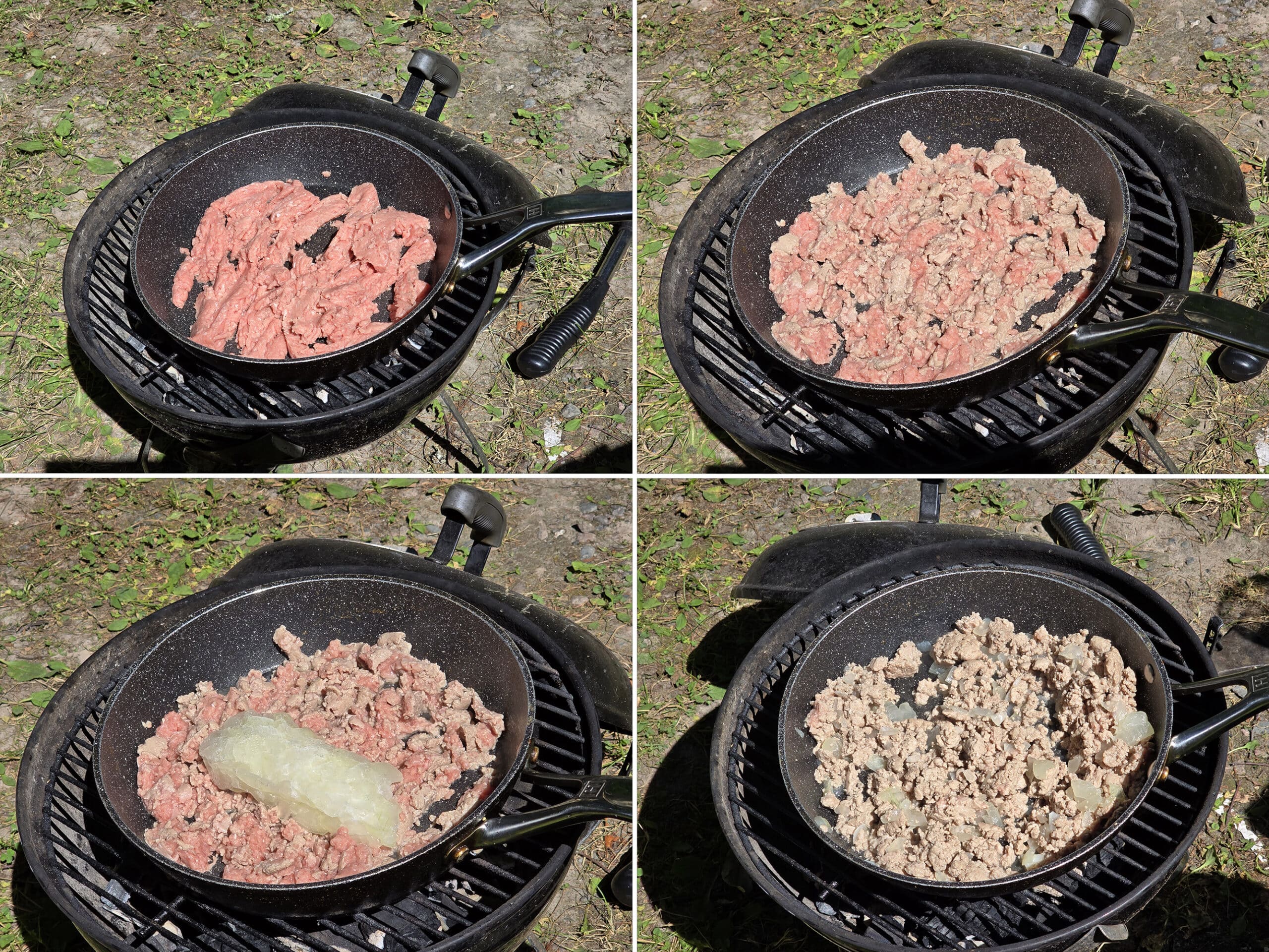 4 part image showing the ground meat being browned in a pan over a charcoal grill, then the onions added.