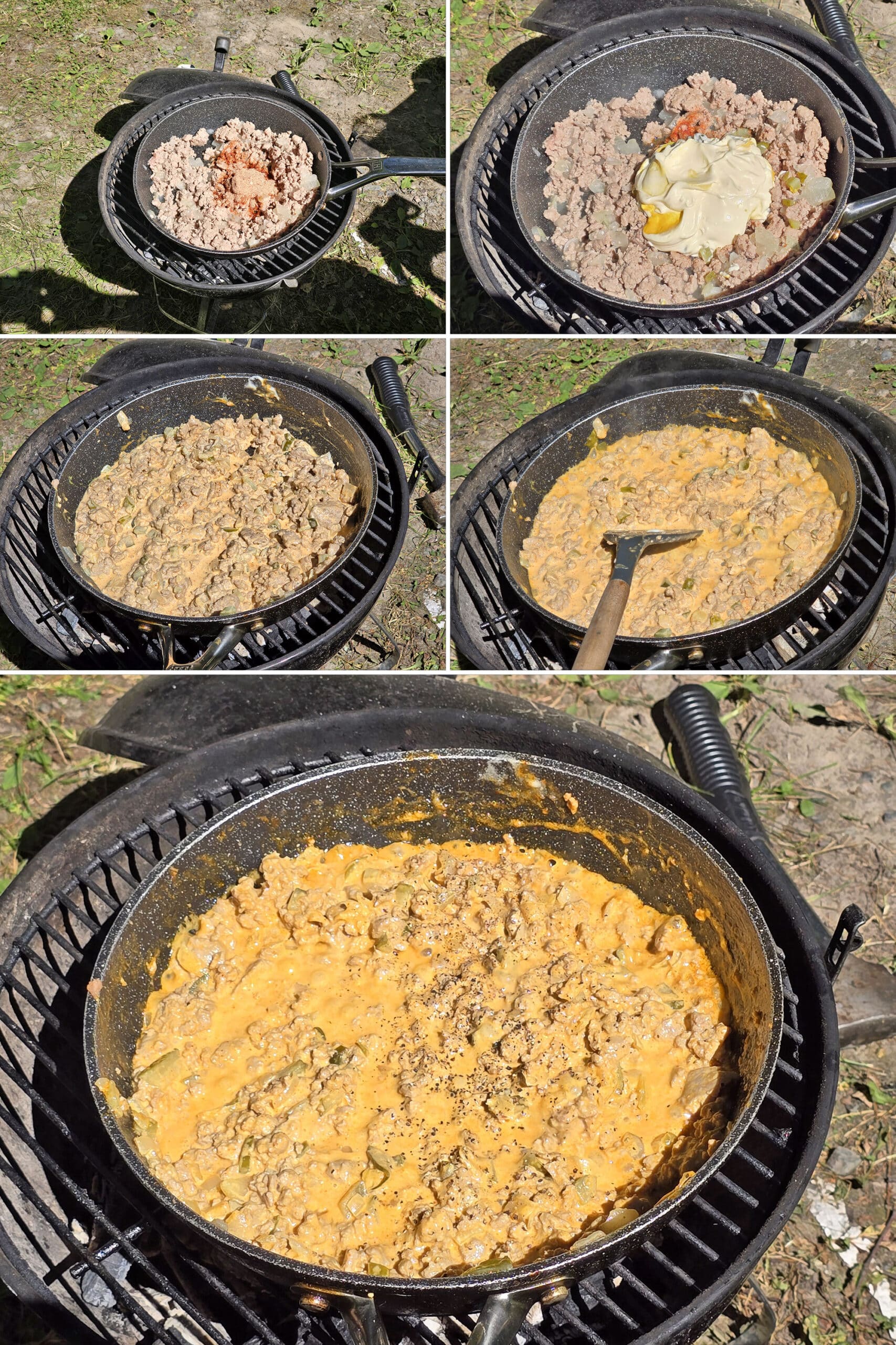 5 part image showing the sauce ingredients and pickles added to the pan and simmered til thick.