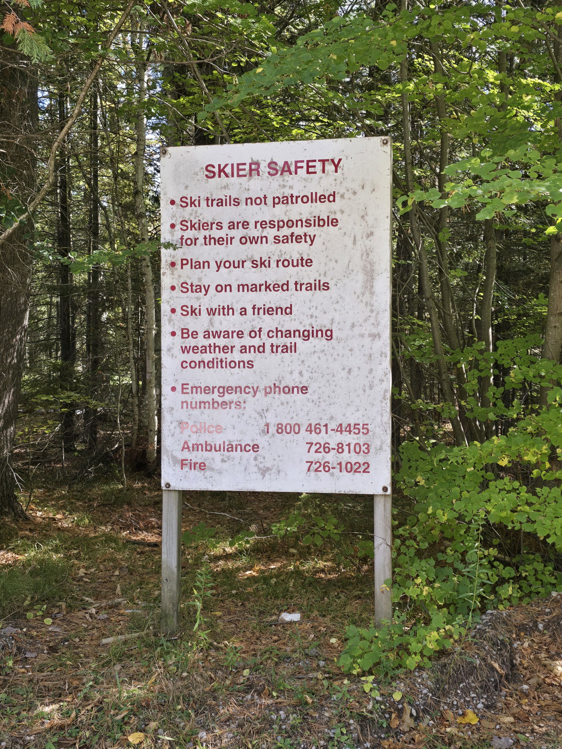 A sign about skiier safety at Springwater Provincial Park.