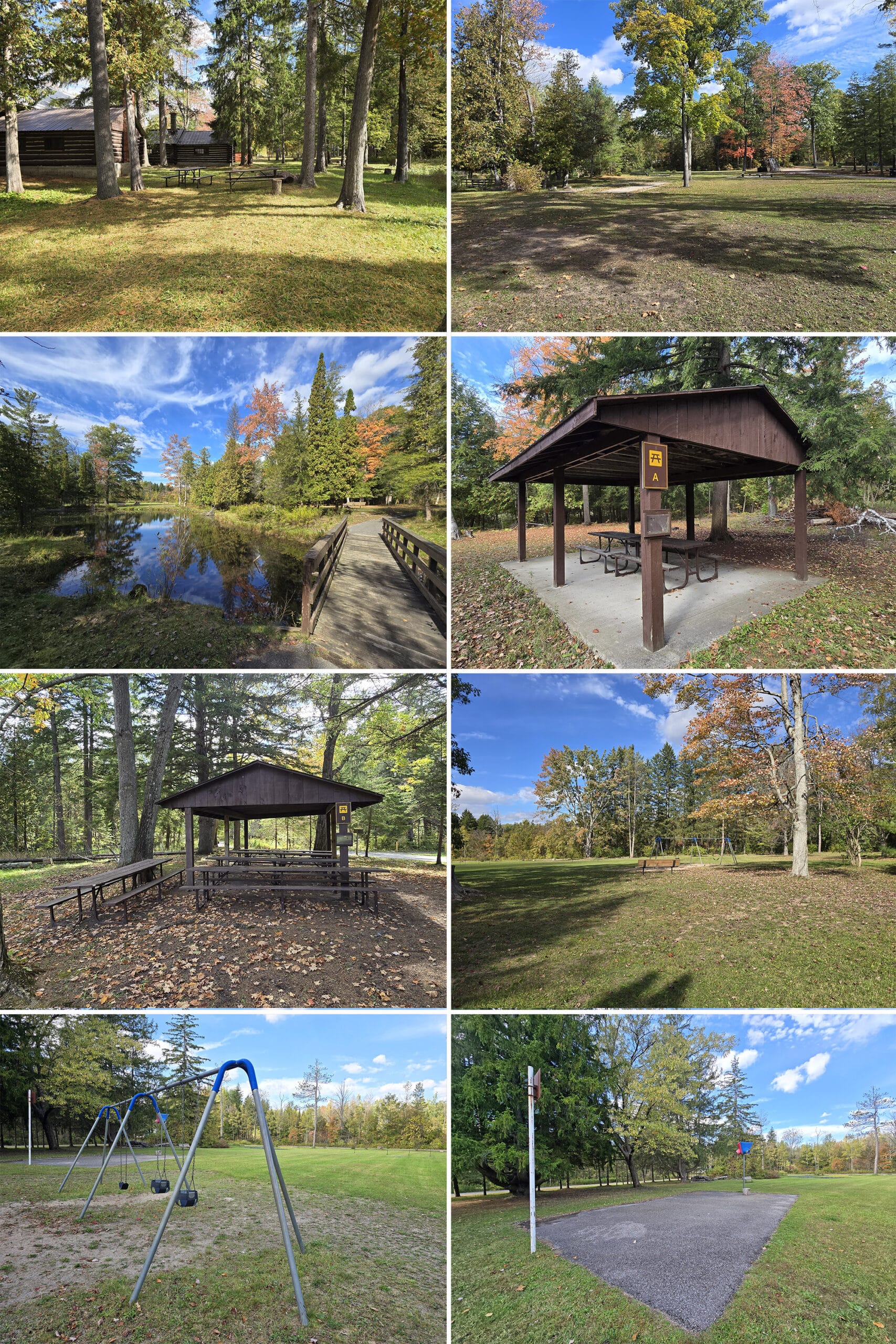 6 part image showing various picnic shelters, playground, and picnicking areas at Springwater Provincial Park.