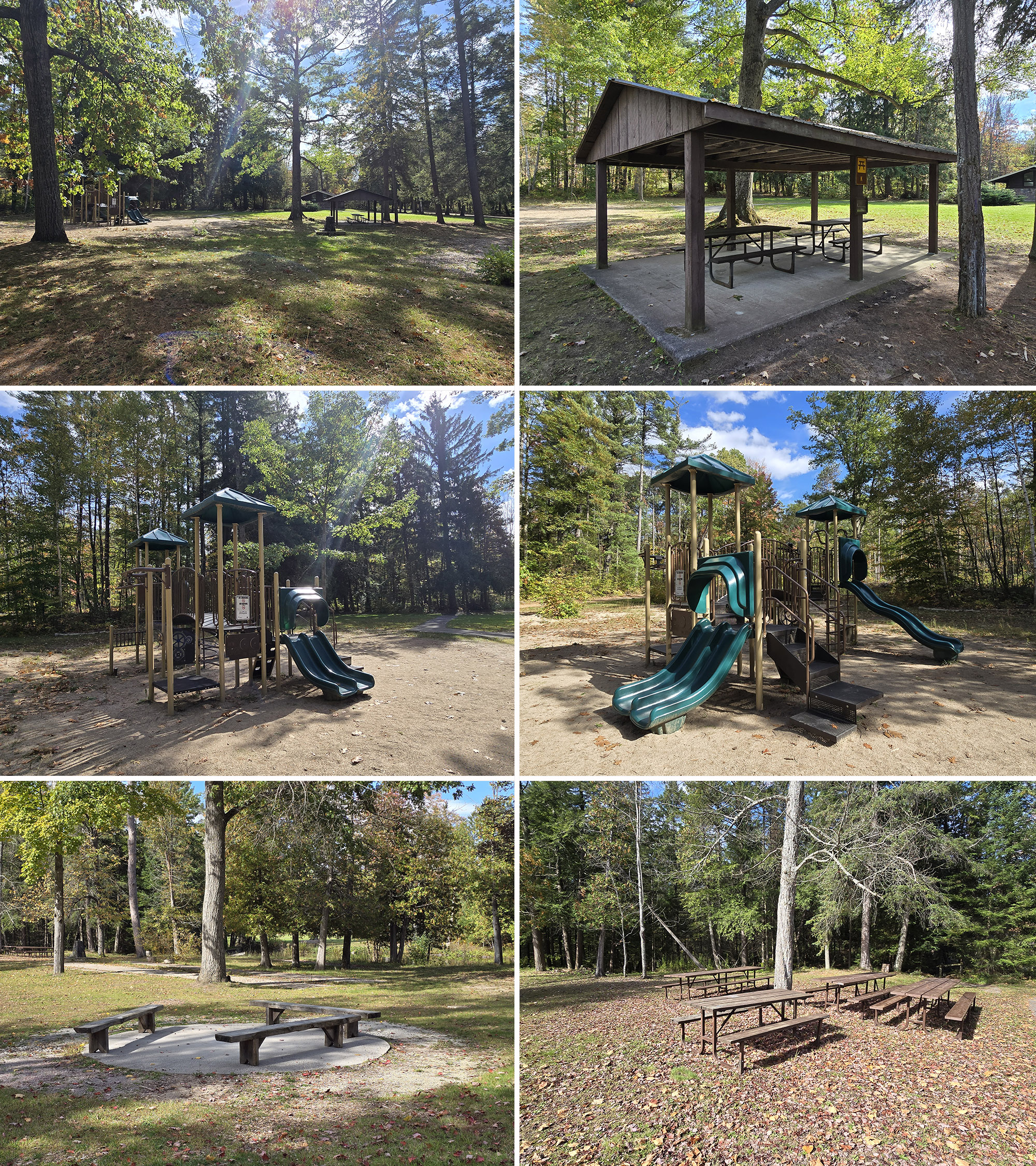 6 part image showing various picnic shelters, playground, and picnicking areas at Springwater Provincial Park.